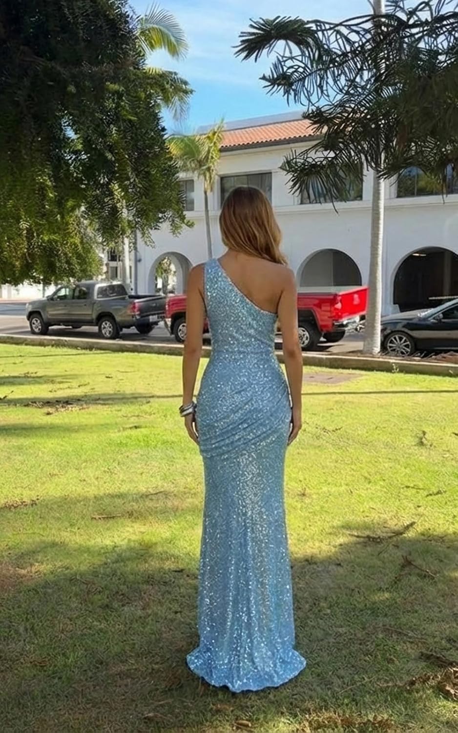 SNOWROSE One Shoulder Prom Dress for Women 2026 Sparkly Sequin Mermaid Long Ruched Ball Gown Formal Evening Party Dresses - Image 3
