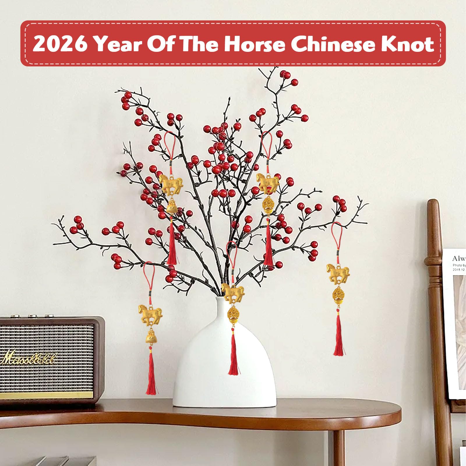 12 sztuk zawieszek z rokiem konia, Feng Shui, chińskie dekoracje noworoczne z chińskimi węzłami i frędzlami, na wiosnę, festiwal, księżyc, Nowy Rok, dekoracja samochodu (złoto-czerwone)