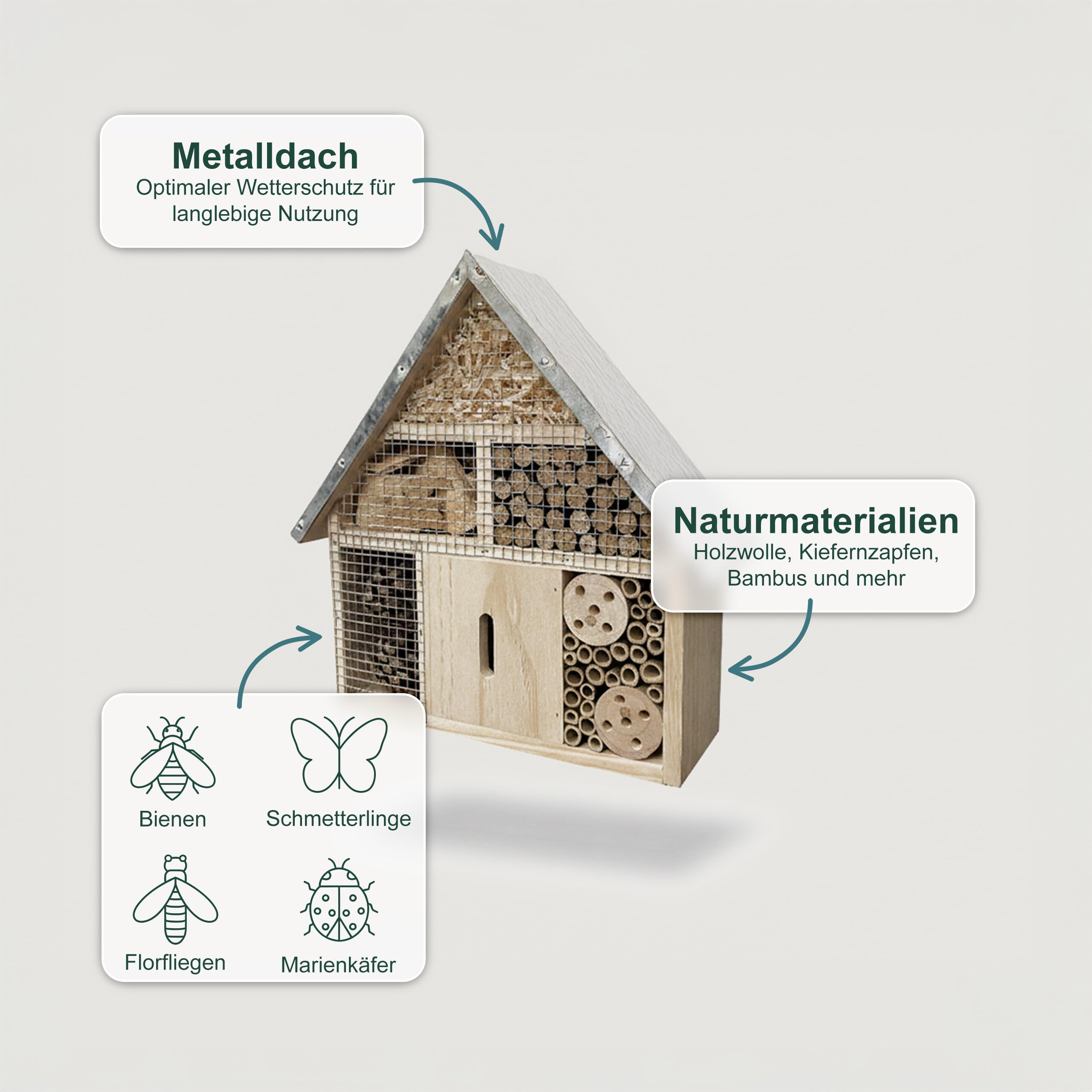Relaxdays Insektenhotel, Holz, wetterfestes Metalldach, Natur/Silber