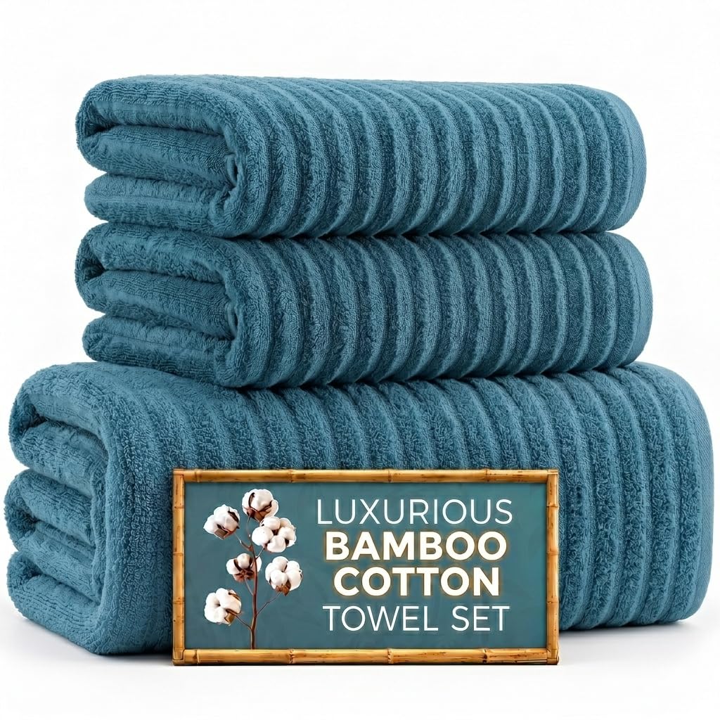 Towelogy® Luxury Bath Towel Set | Premium Blend of 60% Bamboo and 40% Cotton | 2x Hand Towels, 1x Bath Towel | Super Soft, Quick Dry and Skin-Friendly Bathroom Towels (Blue Set)