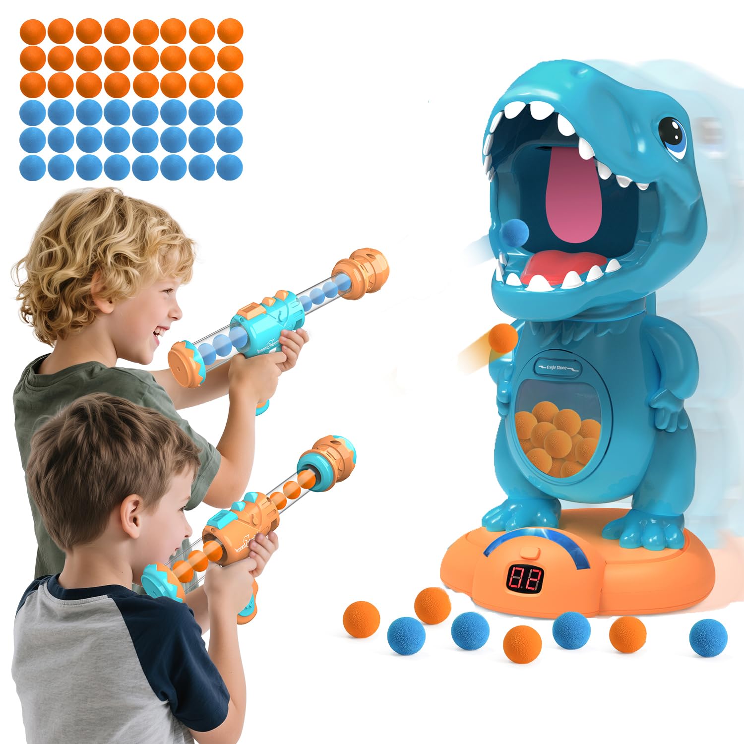 EagleStone Movable Dinosaur Shooting Toys for Boys – Electronic Target Practice with 2 Air Pump Guns, LCD Score Tracker, Sound Effects & 48 Foam Balls, for Kids 5 6 7 8 9