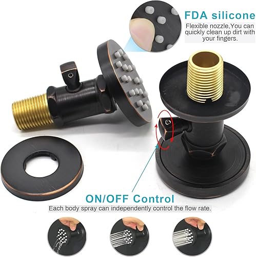 Miniatura 94 de Chorros de ducha cuadrados de oro cepillado con control de flujo y giratorio, chorros de masaje de agua ajustables de latón macizo, montaje en pared