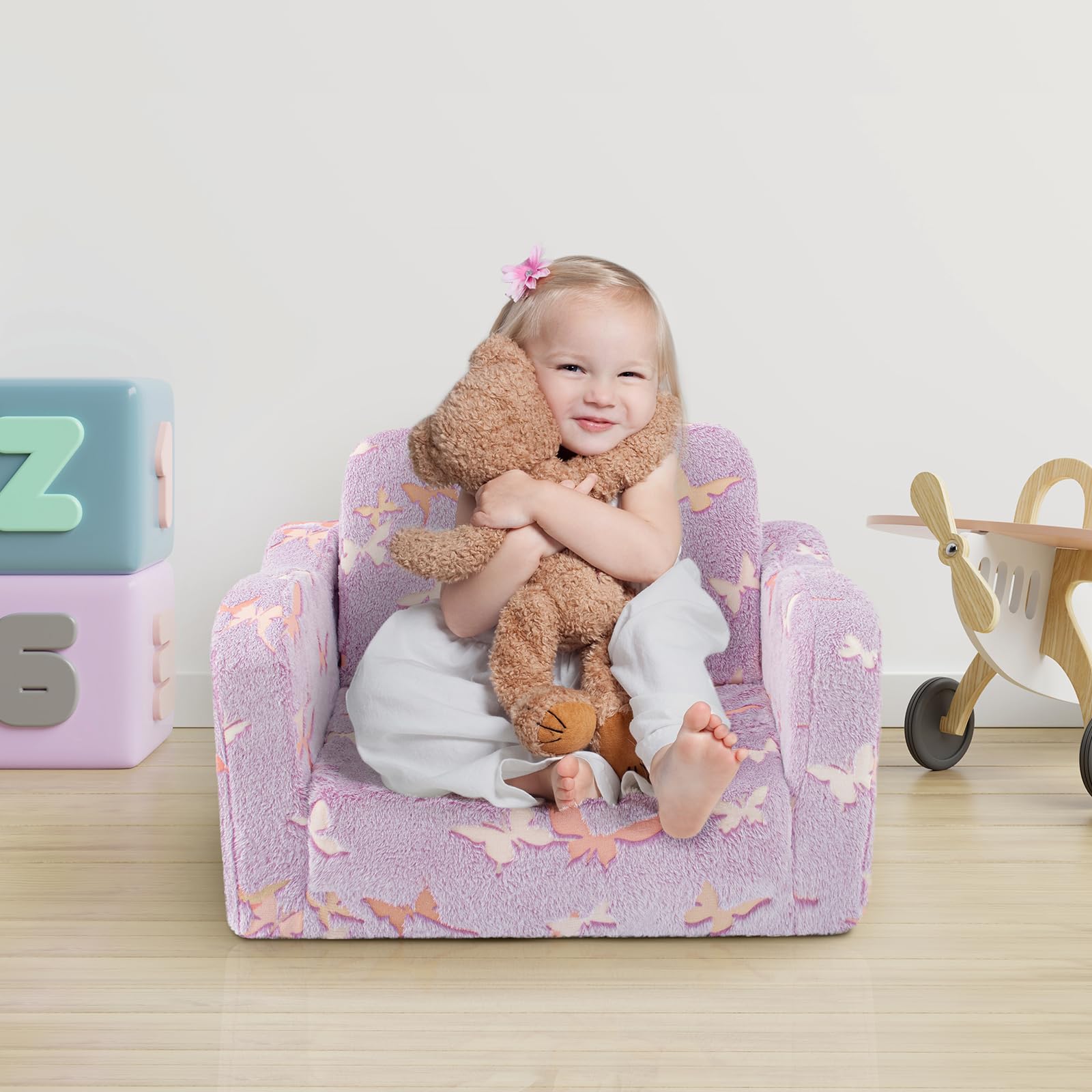 Silla para niños pequeños, sofá plegable 2 en 1, sillas convertibles para niños pequeños, cómodo sofá a tumbona con función que brilla en la oscuridad, suave para niñas y niños, mariposa 2