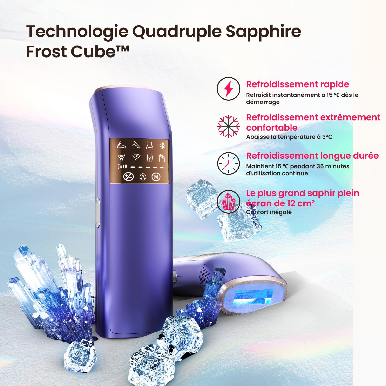 Épilateur Lumière Pulsée, 12cm² avec Saphir Glacial 3℃ Indolore, Max 25J