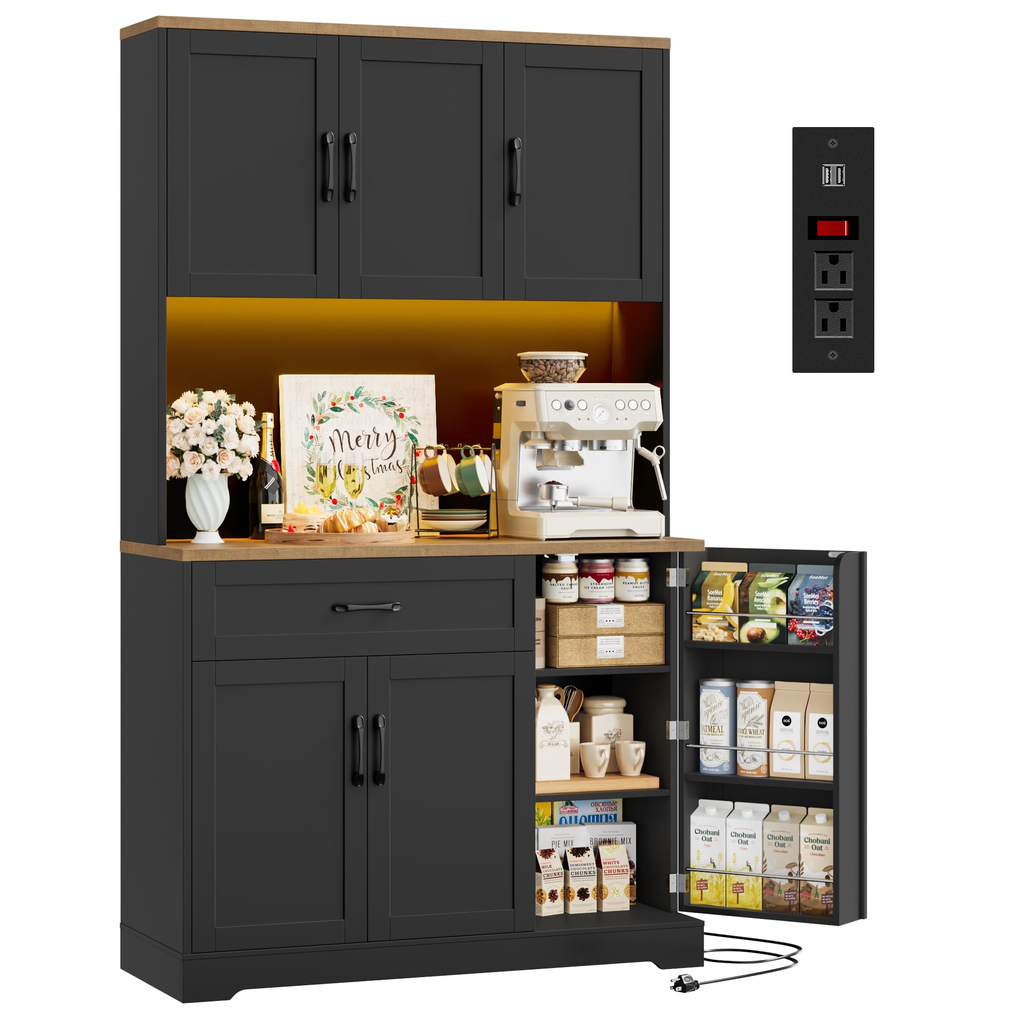 HIFIT 71 inch Tall LED Kitchen Pantry Cabinet, Black