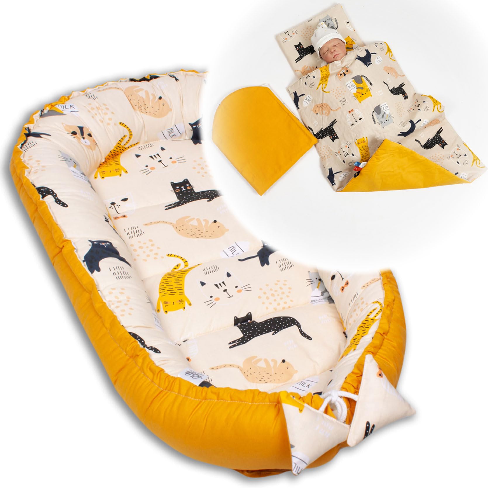 PaLulli Babynest zestaw 4-częściowy, 95 x 55 cm, wyposażenie dla niemowląt z materacem i kotem, 100% bawełna, hipoalergiczne, dla noworodków 0-8 miesięcy (beżowy kociak)