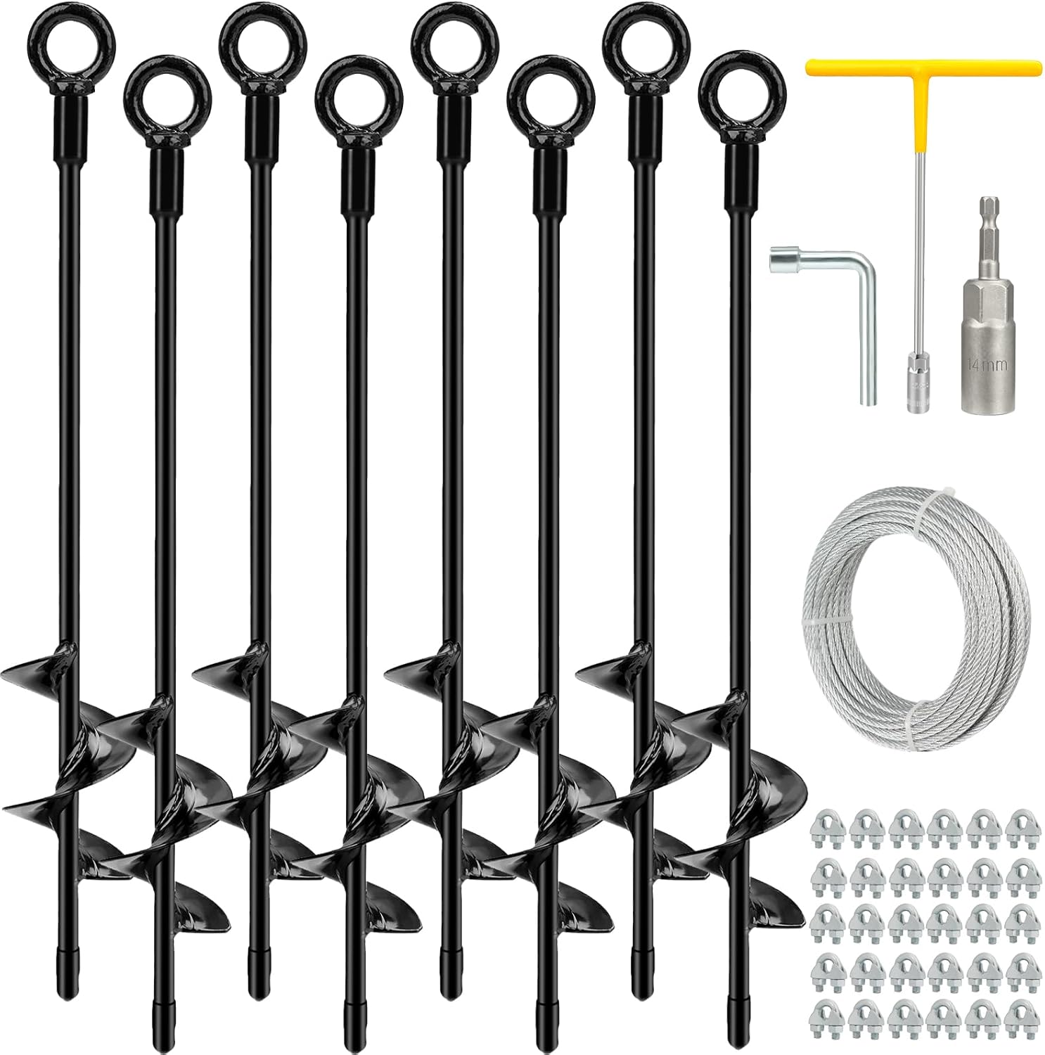 6 Pack 18" Heavy Duty Ground Anchors Shed Anchor Kit with 3/16" Galvanized Cable, Swing Set Anchors Trampoline Stakes for Shed Canopy Gazebo Carport Tent