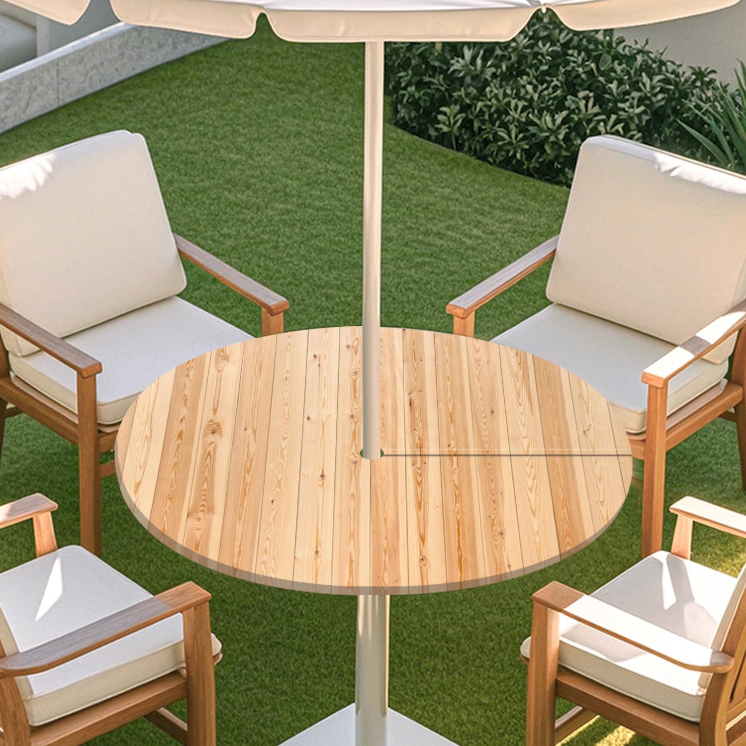 Odot Tovaglia Rotonda da Esterno Impermeabile con Foro per Ombrellone, Motivo Venature Legno 3D, Kaki M 91-112cm