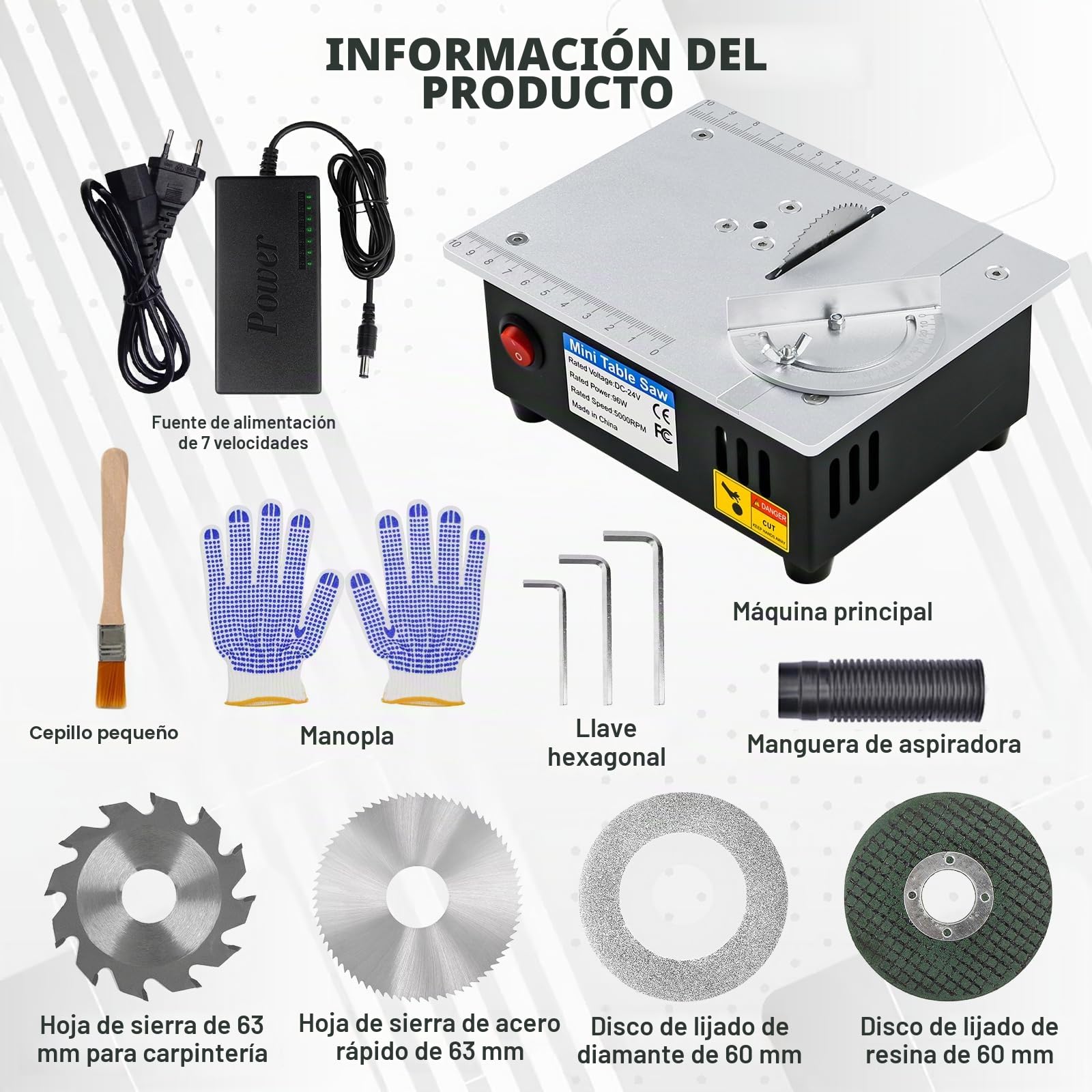 Sierra circular de mesa multifuncional, 96 W, 4 cuchillas, precisión, 7 velocidades, ajustable para bricolaje