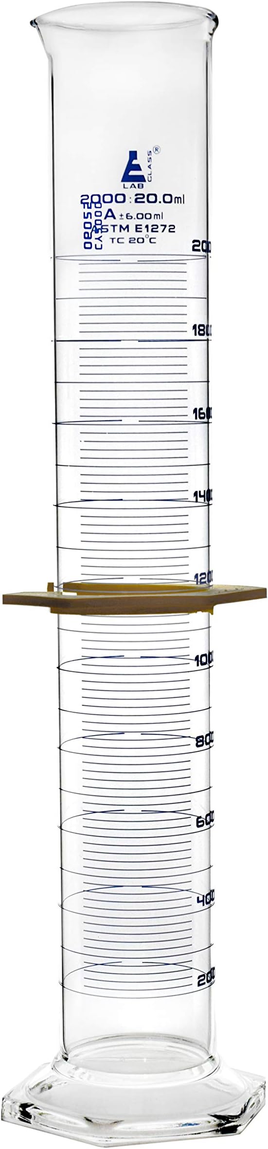 Graduated Cylinder, 2000mL - ASTM, Class A Tolerance ±6.00mL - Protective Collar, Hexagonal Base - Blue Graduations - Borosilicate 3.3 Glass - Eisco Labs