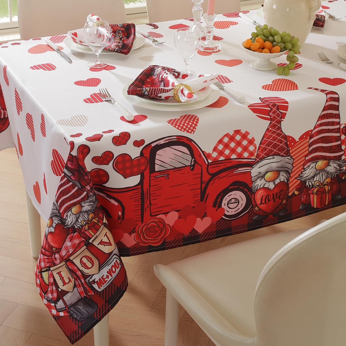 Mother Day Tablecloth Rectangle 60x102 Inch Checkered Red Love Heart Gnomes Trucks Wrinkle Free Heavy Table Cloth, Plaid Fabric Table Cover for Valentines Dining, Party, Wedding, Picnic Decor
