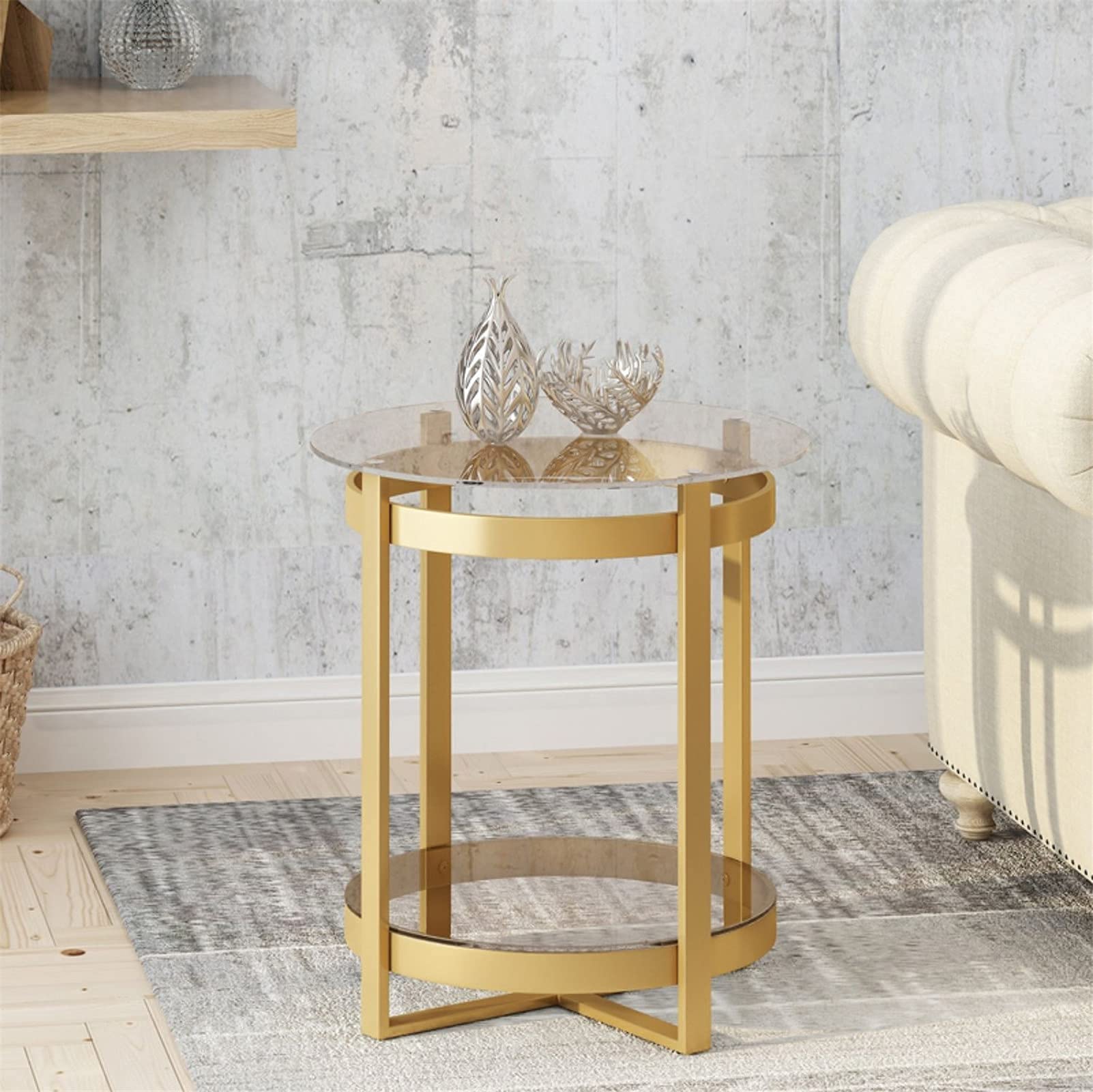 Runde Glas-Beistelltische, Wohnzimmer-Ausstellungstisch, Akzent-Couchtisch, stabiler Metall-Beistelltisch mit Goldrahmen und 2-stufiger Marmorplatte, Gold, 45 * 45 * 60 cm, aus China Comfortable