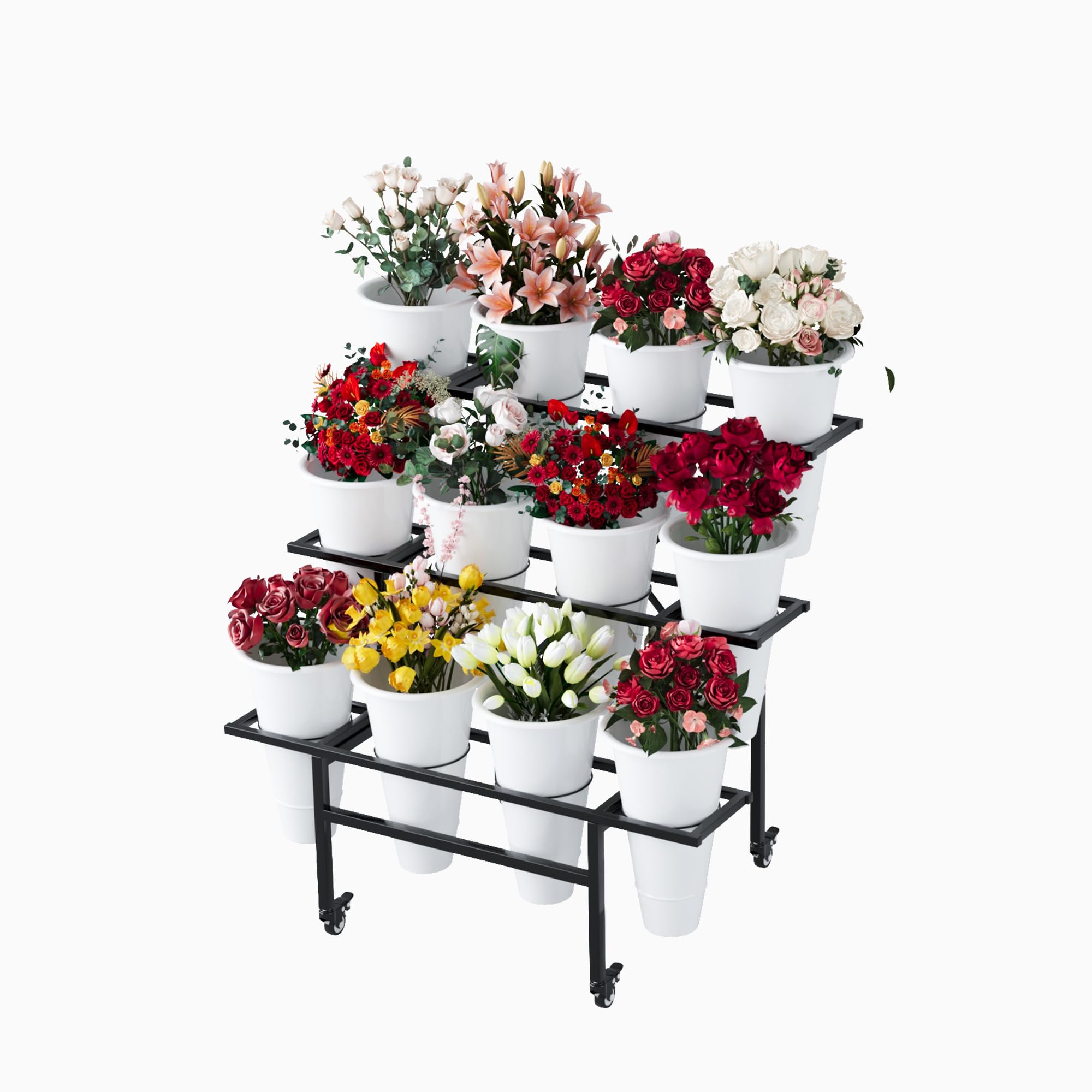 Zhongma Flower Display Stand with 12pcs White Plastic Buckets for Fresh Flowers Heavy Duty Garden Cart Moving Flower Bucket Stand with Wheels.