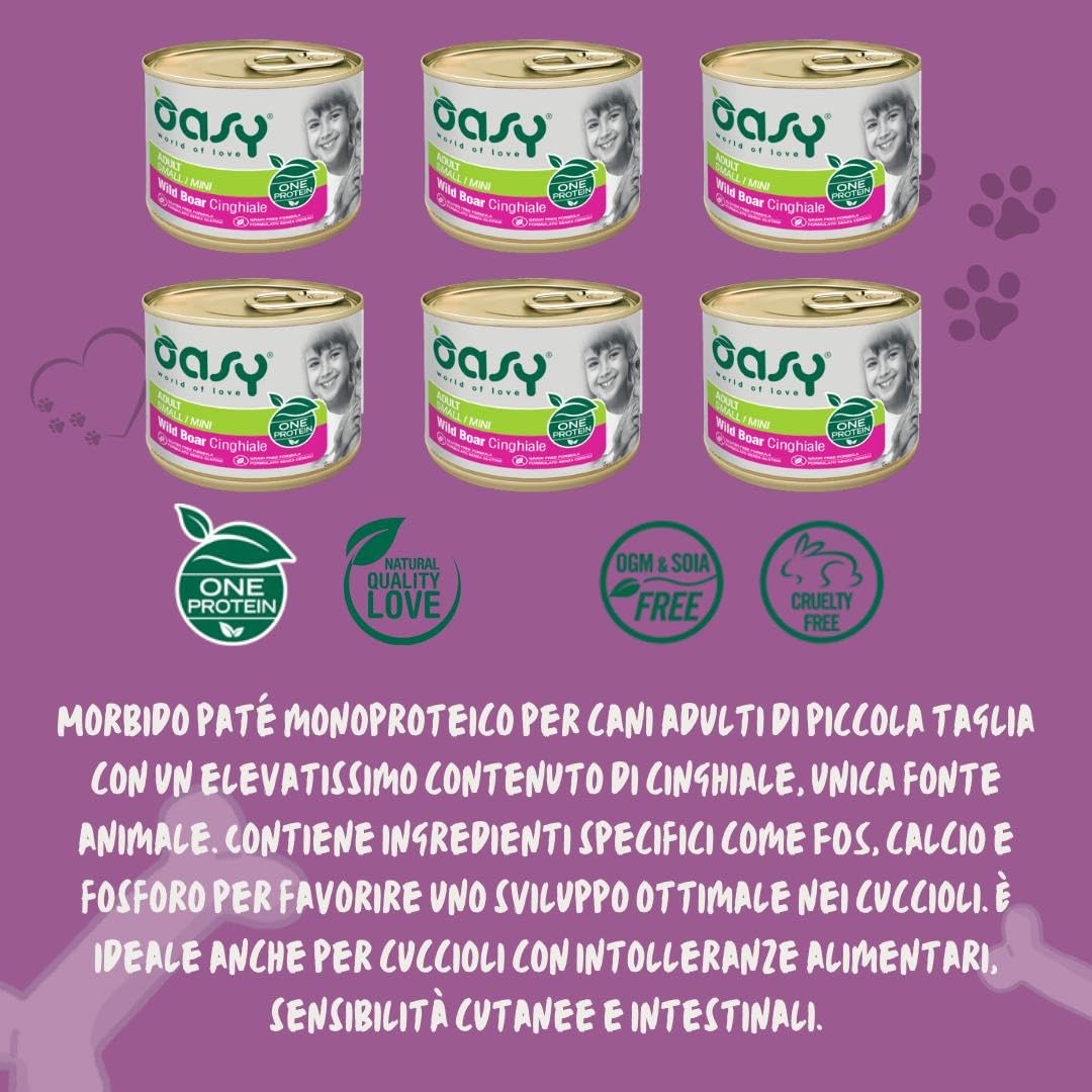 Oasy umido cane adulto monoproteico, alimento completo per cani adulti di taglia piccola (small) gusto CINGHIALE | 6 scatolette da 200 grammi l’una.
