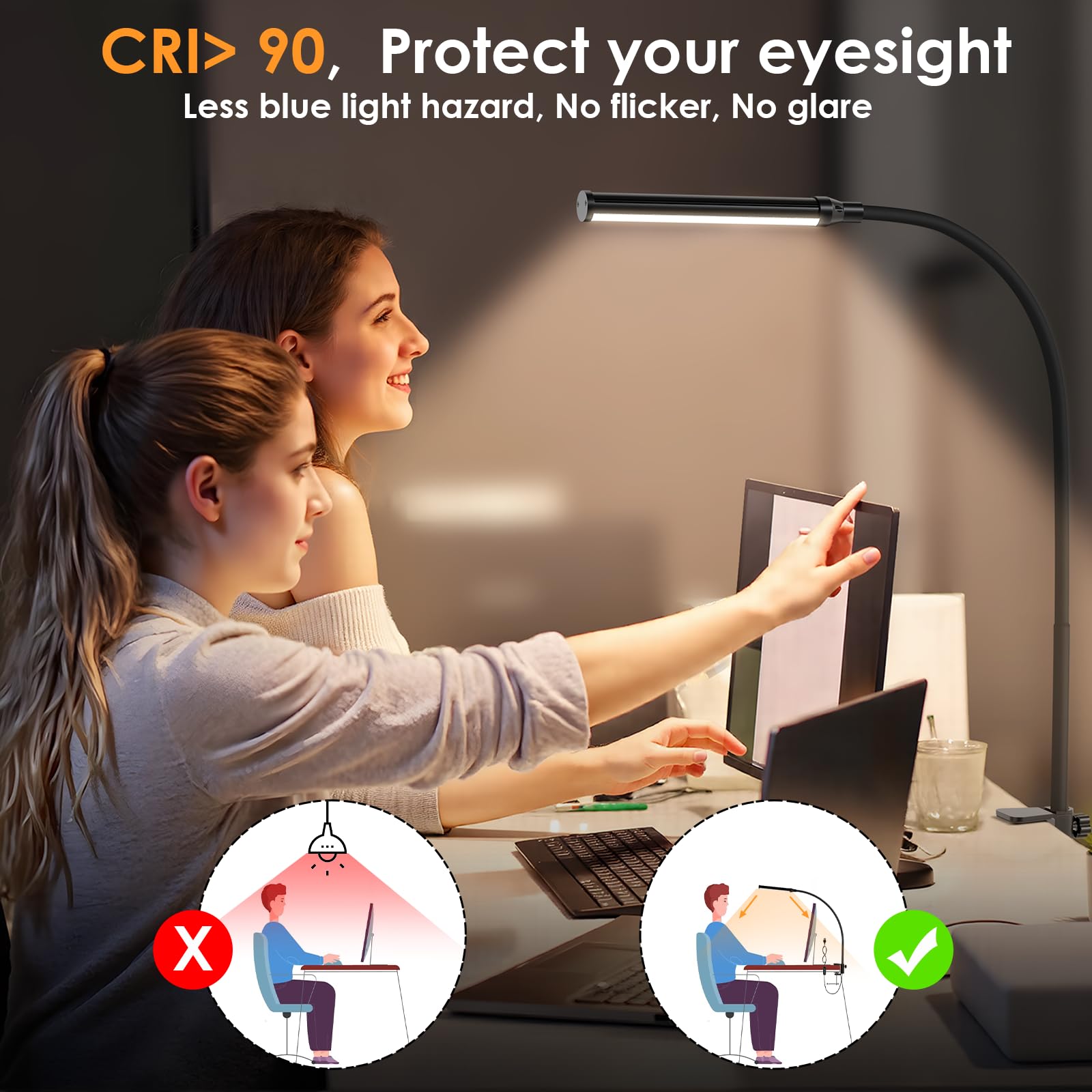 ShineTech Lampe de bureau LED avec pince, lampe de bureau à clipser pour bureau à domicile, blanc chaud 3000 K et 11 niveaux de luminosité, lampe de bureau d'architecte flexible en col de cygne, lampe