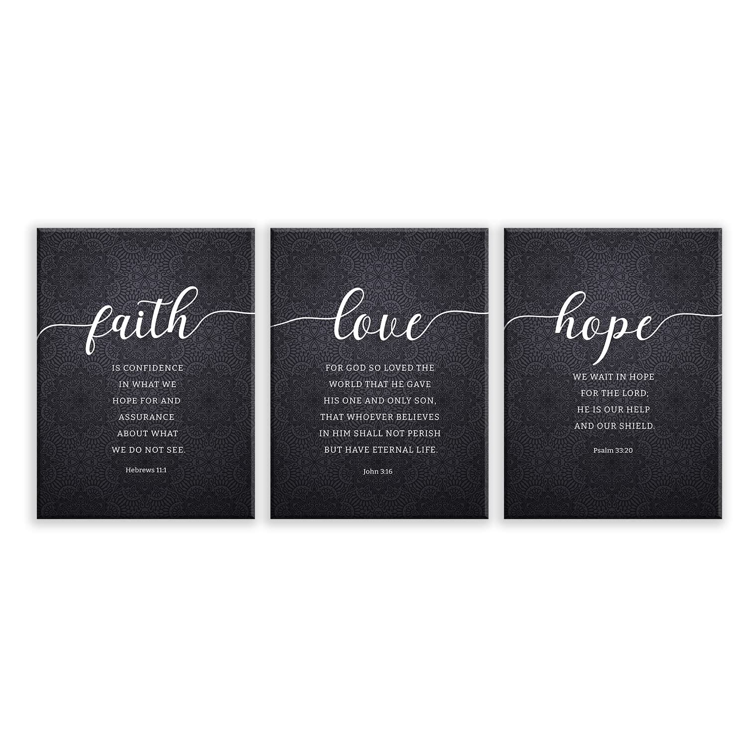 Quadro Tela Fede Speranza Amore - Poster Religioso Cristiano Con Scritte Bibliche - Decorazione Parete 20x25 Cm (3 Pezzi Con Cornice)