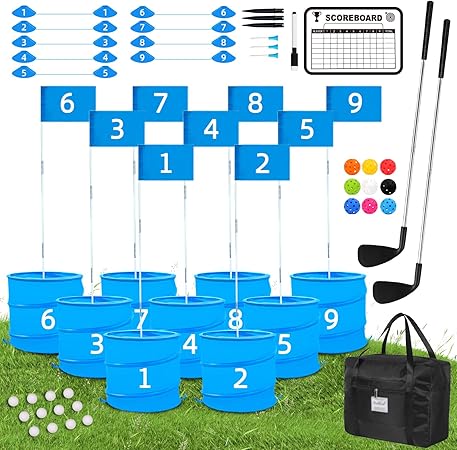 Golf Game with 2 Clubs Right Handed,Practice Golf with 9 Buckets, Outdoor Golf Gift for Family and Adults,Holes Golf Outdoor Game for Lawn,Yard,Camping,Park
