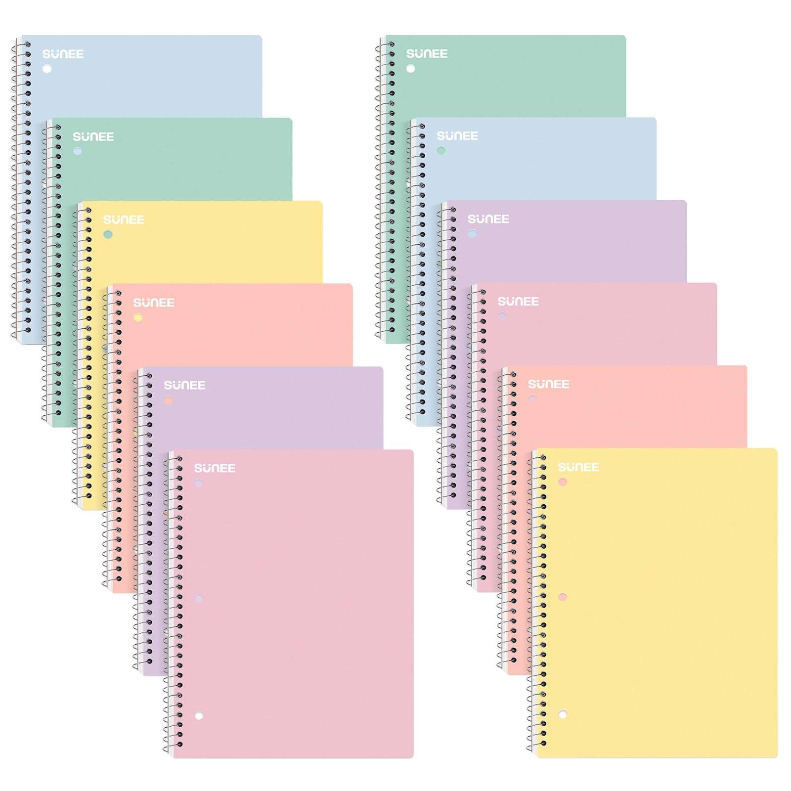 SUNEE Spiral Notebooks, Pack, 1-Subject, College Ruled Paper, 8" x 10-1/2", 70 Sheets per Notebook, Assorted Pastel Colors Spiral Notebooks for School: 12
