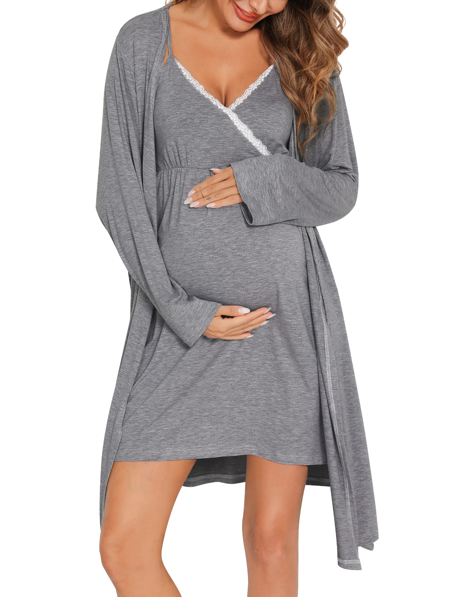 SWOMOGWomens Maternity Robe 2 Piece Nursing Nightgown for Breastfeeding 3 in 1 Labor Delivery Nursing Dress Lace Bathrobe