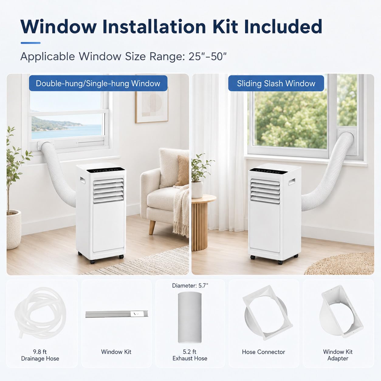 Climatizzatore Portatile 9000 BTU con Kit Finestra e Tubo di evacuazione, 3 in 1 con deumidificatore e Ventilatore, Doppio drenaggio, Filtro Lavabile, per stanze 8–12 m² e Ufficio
