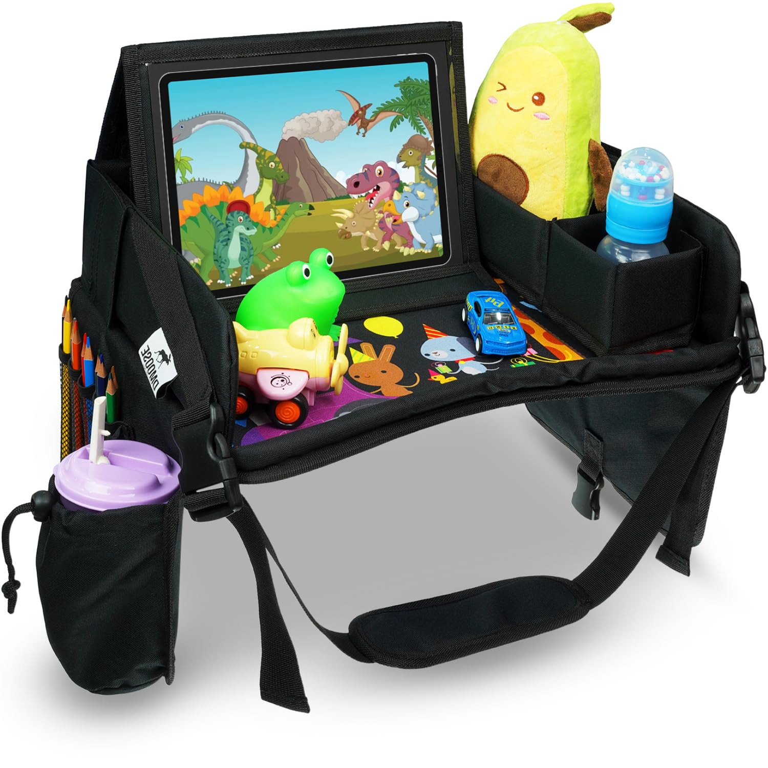 Bandeja de viaje para niños, bandeja de actividades para asientos de automóvil con base acolchada y cómoda, paredes laterales, bolsillos malla para aperitivos, soporte para tableta, cochecito