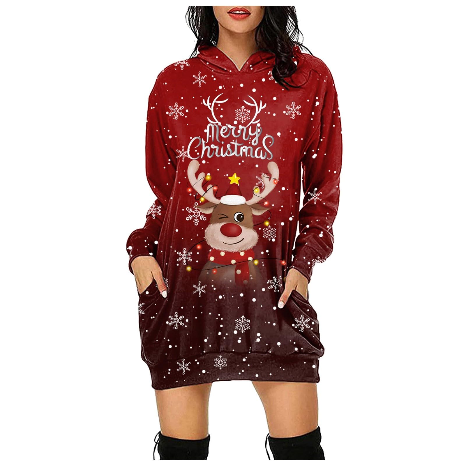 Produktbild von Weihnachtskleid Damen Elegant, Hoodie Kleid Damen Weihnachtspullover Kapuzenkleid Weihnachten Pullover Frauen Rentier Druck Kapuzenpulli Tops Lang Weihnachts Sweatshirt Mit Taschen