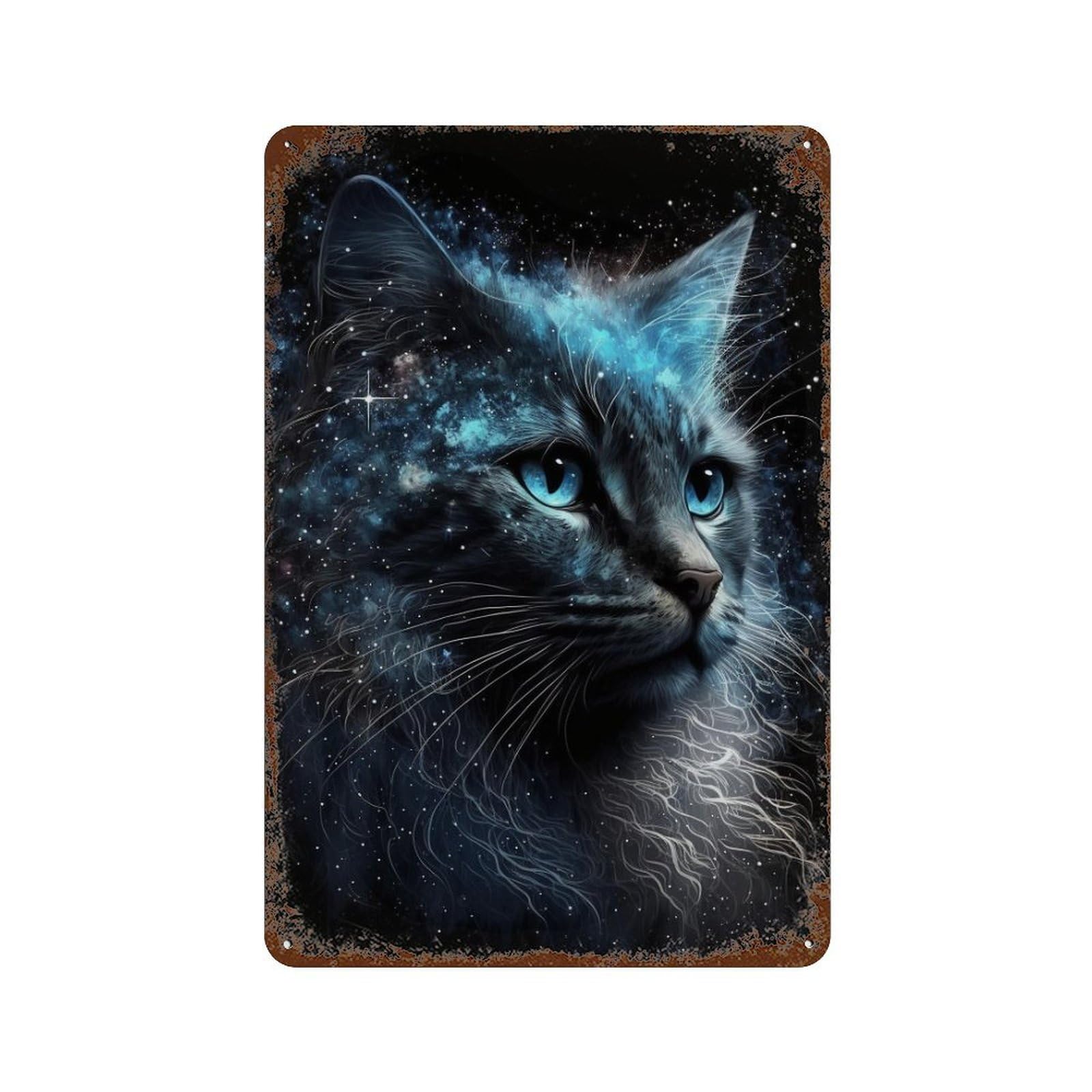 Galactic Cat Portrait Weathered Tin Sign 11.8"x7.9", Classic Wall Plaque for Garage, Bar And Workshop Decor
