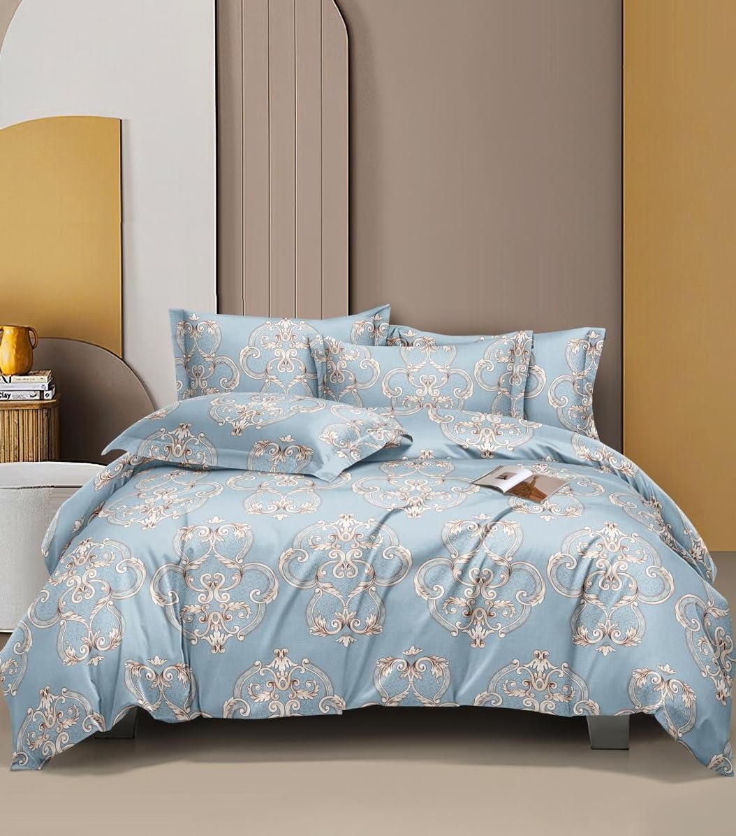 THE HOME STYLESupersoft Glace Cotton 350 TC Elastic Fitted All Around King Size Printed Double Bedsheet With 2 Pillow Cover & King Size Comforter/Duvet/Blanket (72"X78" + Comforter, Blue Moon)