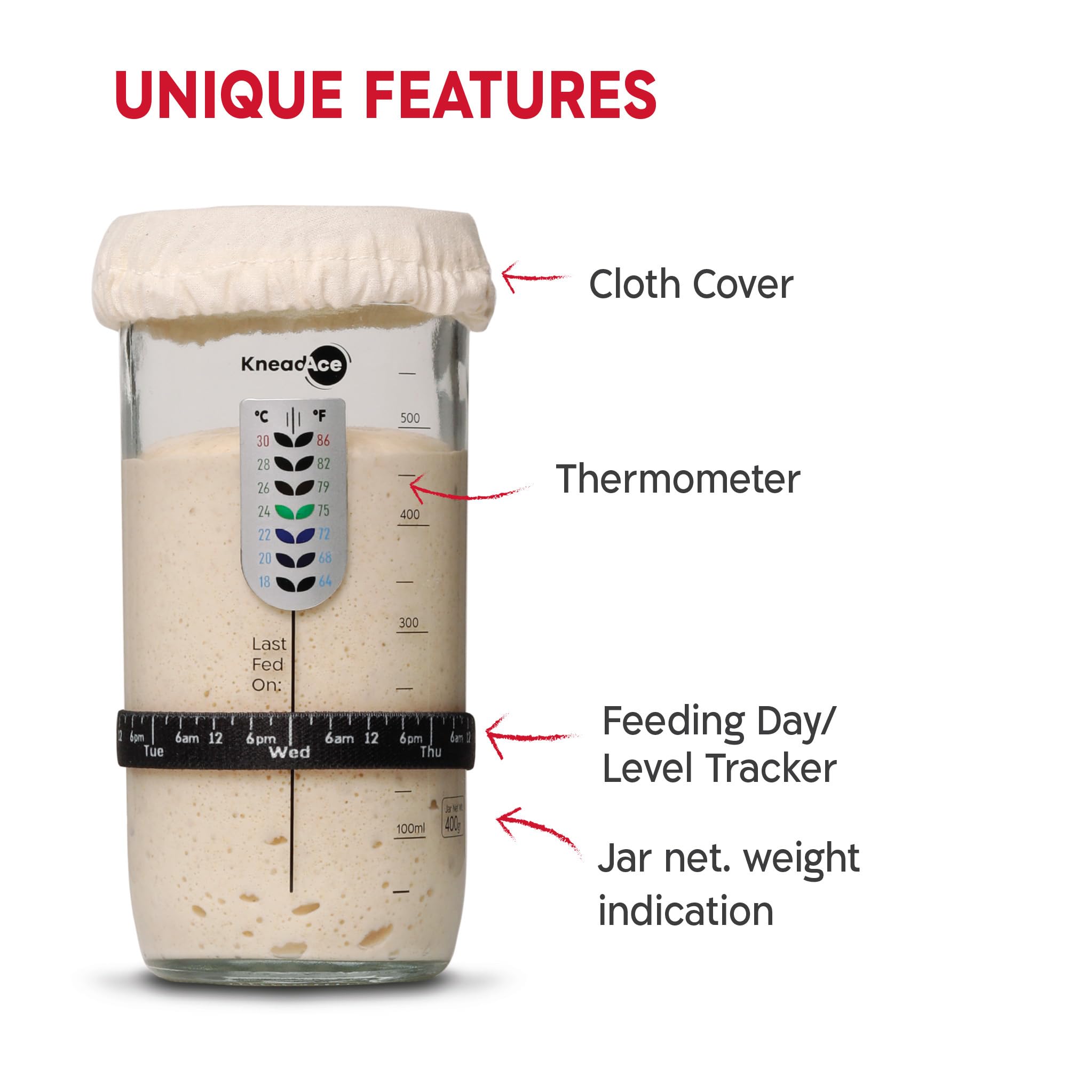 KneadAce Kit de démarrage au levain – Bocal de démarrage de 680,4 g, 2 paniers en corde de coton, lame à pain magnétique pour marquer – Cadeau pour boulangers et ensemble complet de cuisson du pain au