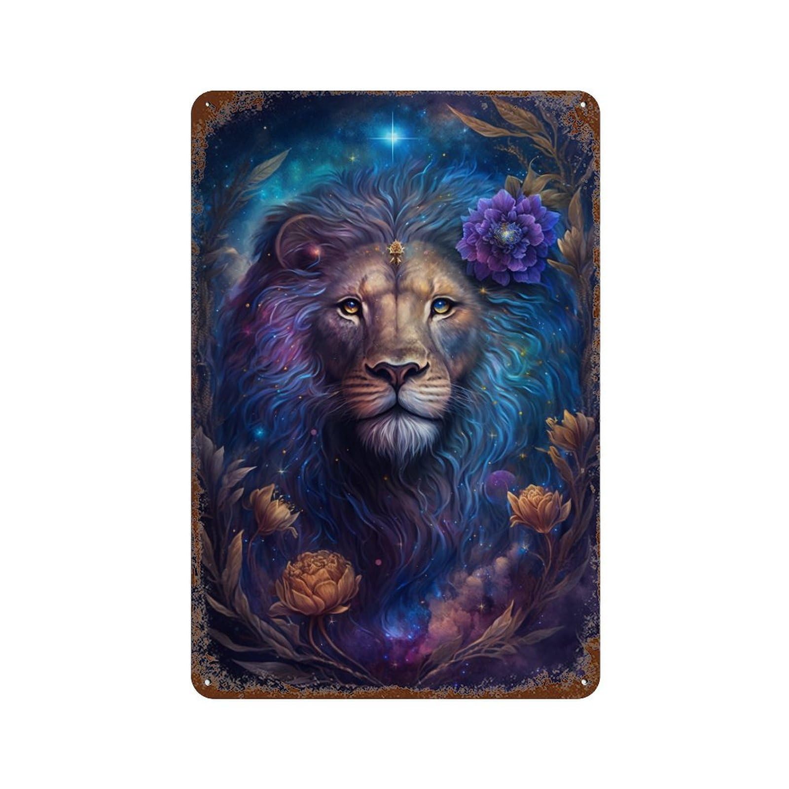 Rustic Tin Plaque Enchanted Lion Art Print 11.8"x7.9", Vintage Wall Decor for Pub, Kitchen And Man Cave Decor