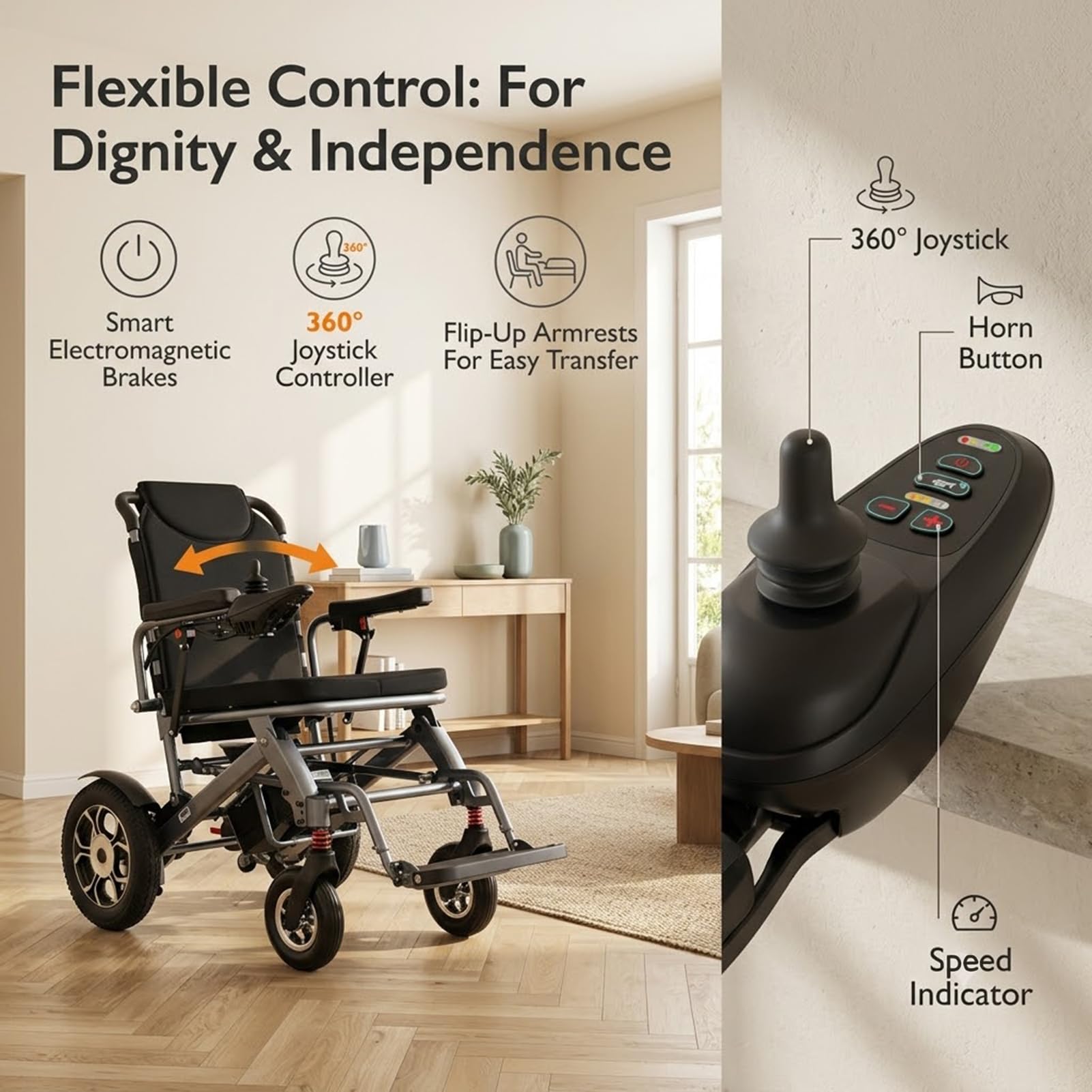 Silla de Ruedas Eléctrica Plegable Aluminio 500W 150kg Compacta | Doble Motor 500W, Plegable y Autoportante, Autonomía 25km, Carga 150kg, Cojín Memory, Freno Electromagnético