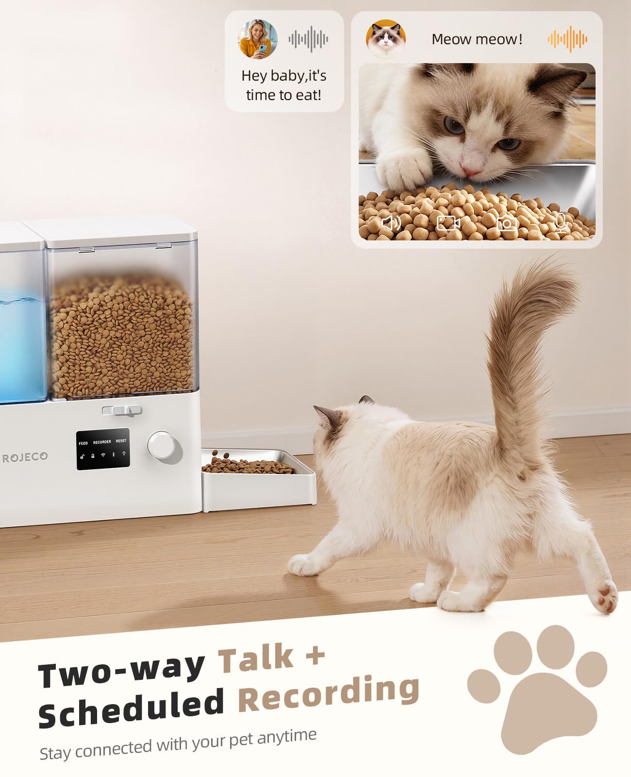 ROJECO 8,5L Comedero Gatos Automático y Fuente de Agua 2-en-1 con Cámara
