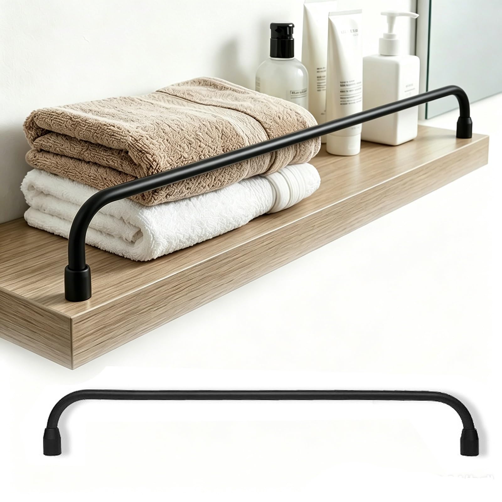 Bathroom Shelving Guardrails，Metal Gallery Rails for Shelves/Floating Shelf, Decorative Shelf Guard Fall Prevention Bar for Closet/Magazine Rack/Bookshelf(Black -1 Pc,Long 20in/51cm)