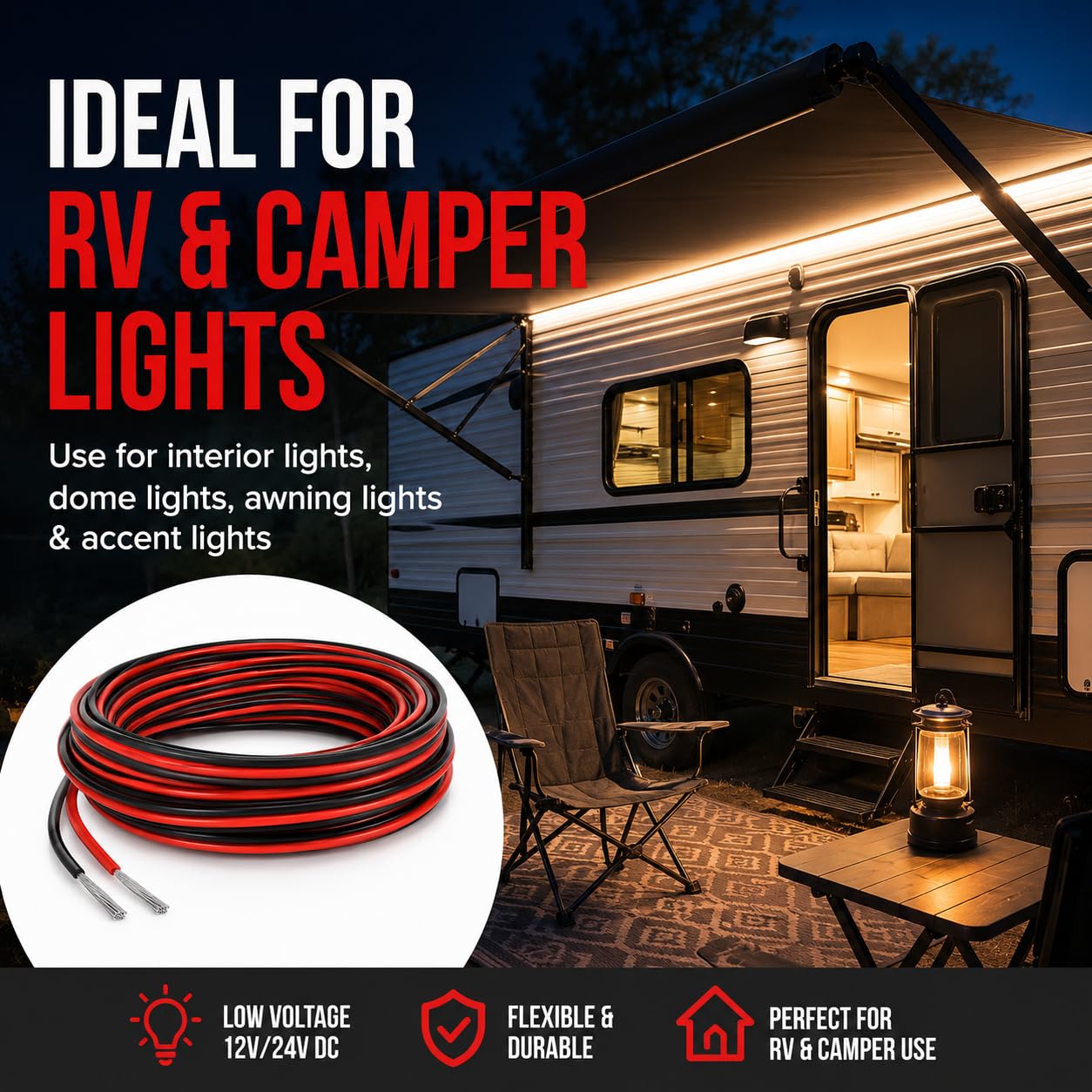 Cable de extensión de luz RV para tira de luces interiores LED, cables de 66 pies y 22 AWG para caravana, caravana, remolque, carga, furgoneta, techo, techo, toldo, porche, luz subterránea