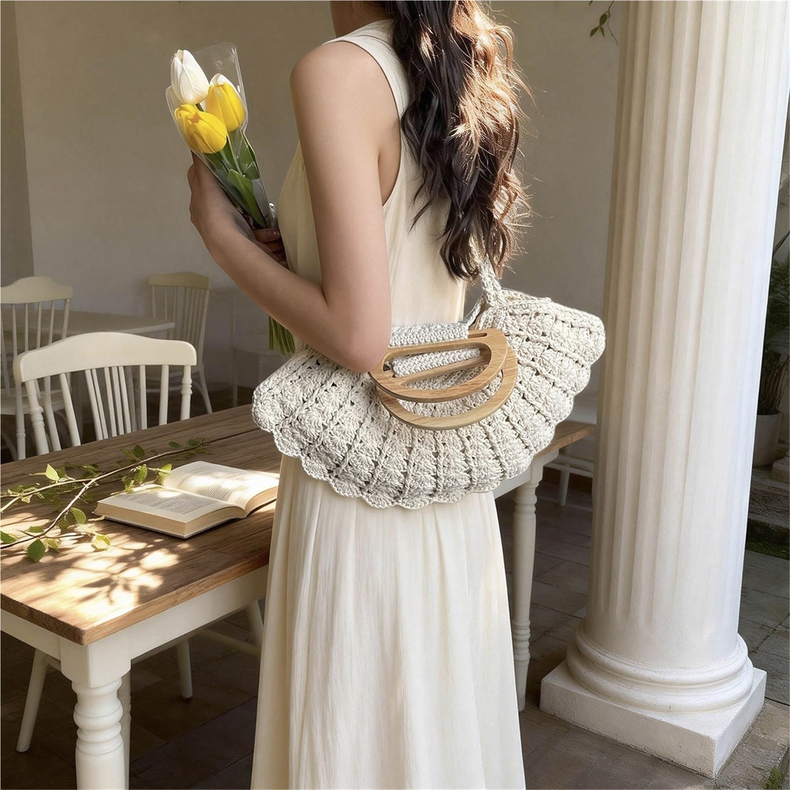 bolso mujer verano Bolso tejido de paja verano for mujer, bolso mano con asa superior madera, bandolera Retro bohemia