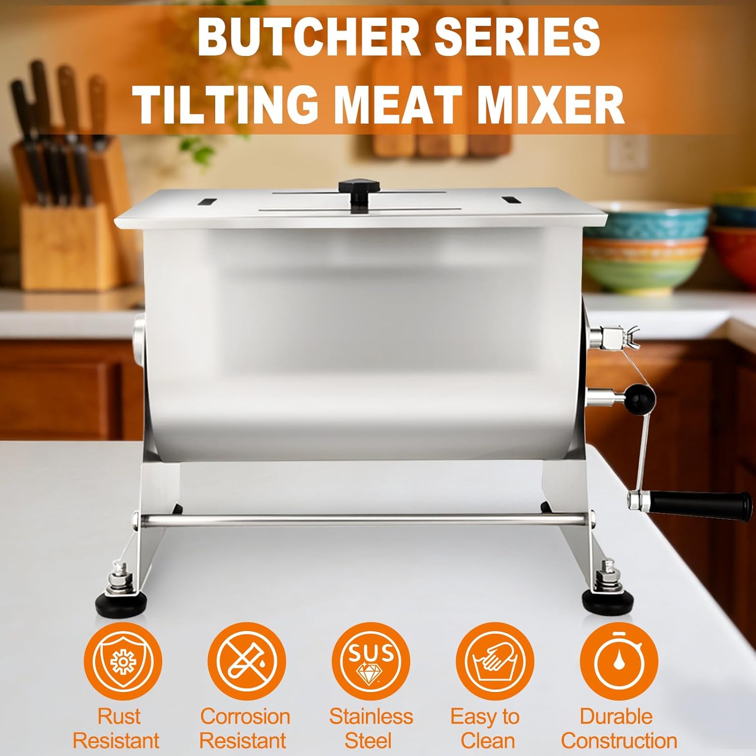 20 lb Manual Tilting Meat Mixer, 3.5 Gallon Stainless Steel Sausage Mixer for Burger, Jerky & Seasoning, Heavy Duty with Removable Paddle & Non-Slip Base, Compact Countertop Design