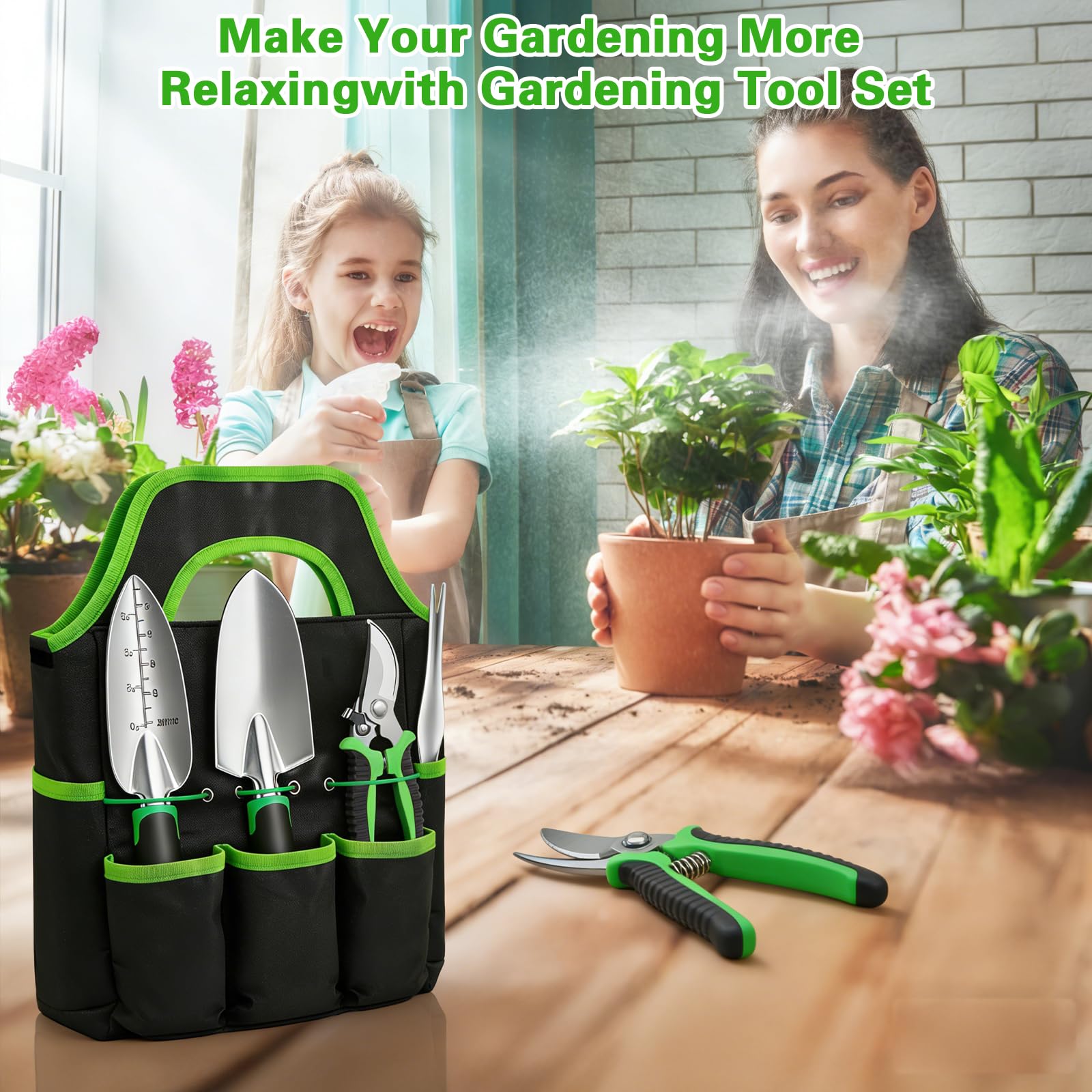 Set Attrezzi Giardinaggio Anti-Ruggine 8 Pezzi Kit Giardinaggio in Alluminio e Acciaio Inox con Forbici Tappetino Guanti e Borsa Ideale Regalo Giardiniere