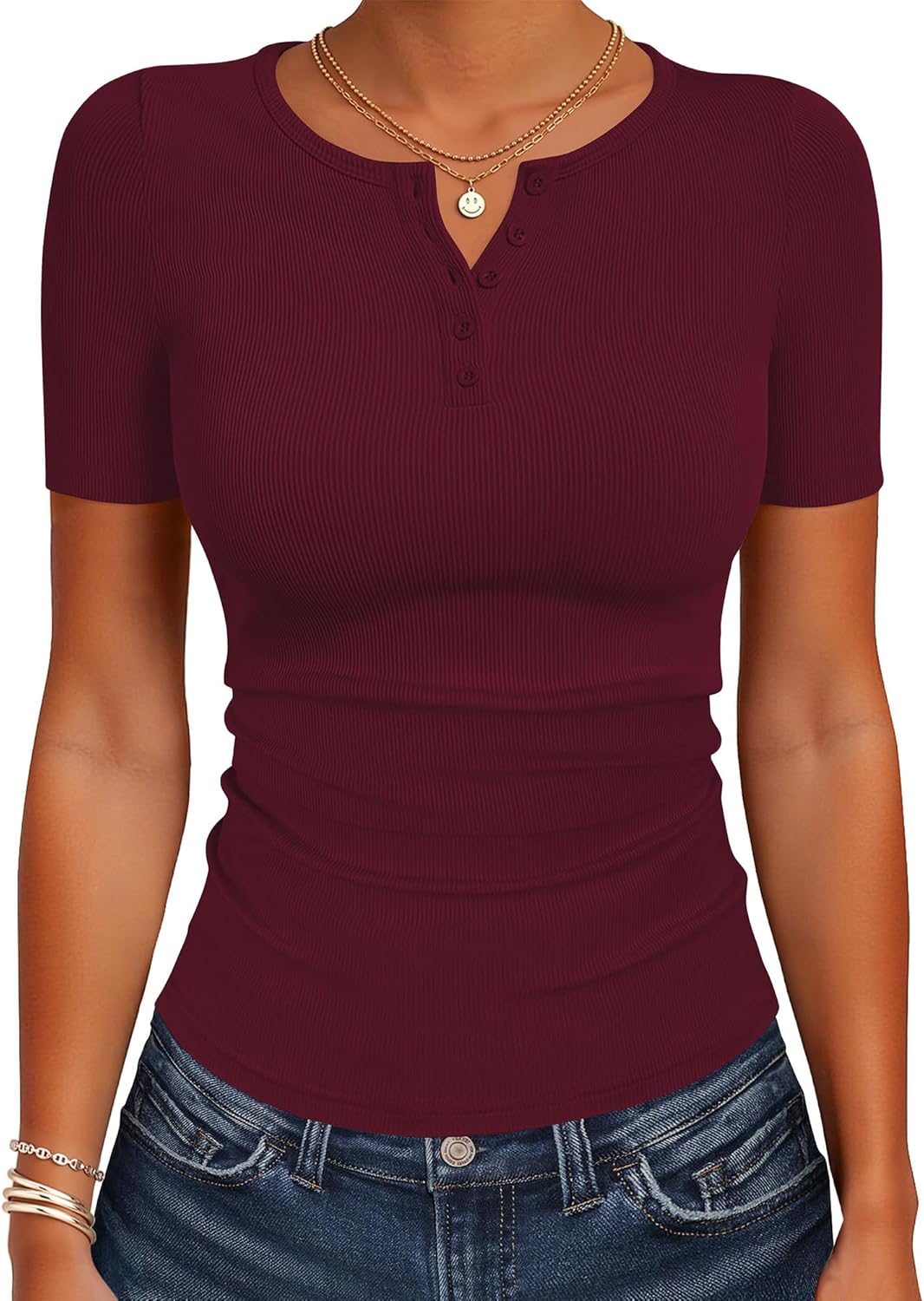 ANRABESS Womens Tops Short Sleeve Henley Shirts 2026 Summer Ribbed Slim Fit Basic Casual Tee Blouse Trendy Spring Clothing