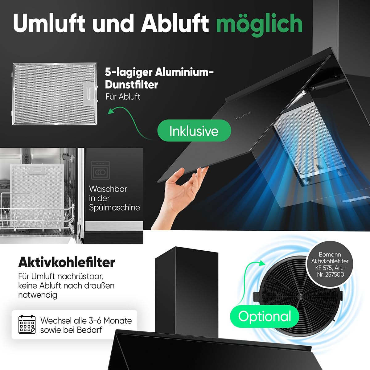 Bomann® Dunstabzugshaube 80cm breit | Abzugshaube für Umluft und Abluft | inkl. Montage-Material | starker Dunstabzug | leise Kopffreihaube 80cm | Dunstabzugshaube Umluft | DU 7612