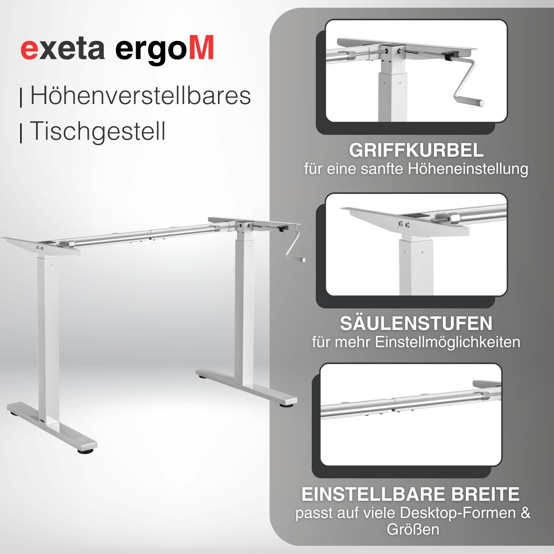 ergoM Schreibtischgestell höhenverstellbar mit Kurbel in schwarz I Tischgestell höhenverstellbar von 73-121cm I Höhenverstellbarer Schreibtisch manuell perfekt fürs Büro & Homeoffice (Weiß)