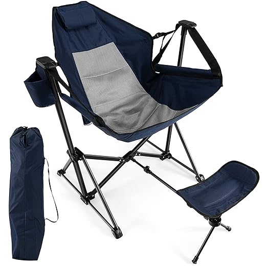Giantex Outdoor Hammock Camping Chair - Rocking Chair with Removable Footrest, Adjustable Backrest, Pillow, Cup Holder, Storage Bag, Portable Swinging Chair for Poolside Patio Folding Chair (1, Navy)
