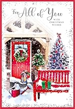 To All of You Christmas Card Snowy Xmas Tree Red Bench Outside House with Silver Foil 7.75x5.25