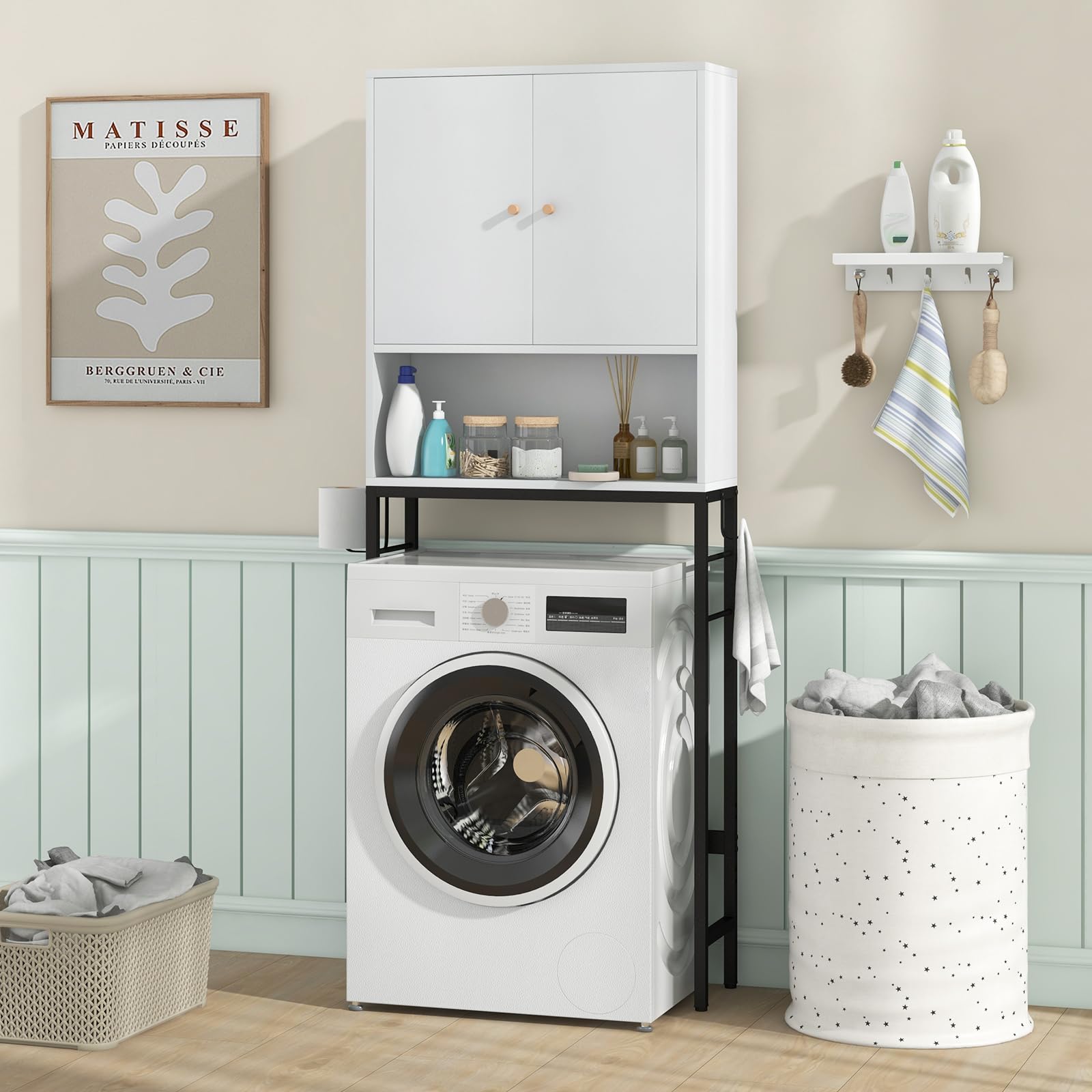 GOPLUS Armario sobre la Mesa del Inodoro, Armario de Baño con Doble Puerta, Compartimento Abierto, Estante Ajustable, Barra Inferior para Lavadero, 63x23x165,5cm (Blanco)