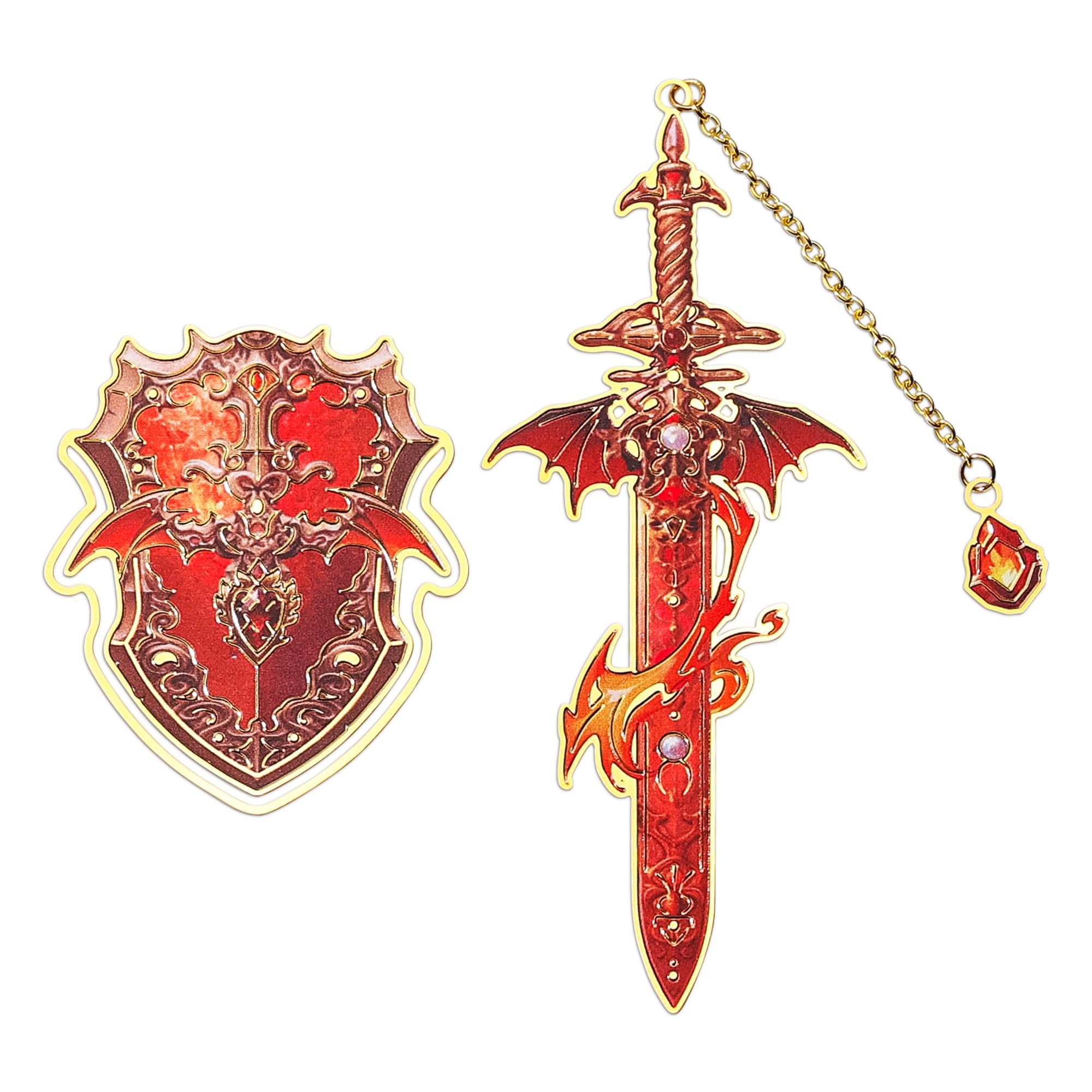 Dragon Knight Metal Bookmark & Book Clip Set - Sword Book Mark with Pendant & Shield Page Marker Clip - Fire Red Fantasy Gift for Men, Women, Kids, Readers, Book Lovers, RPG Gamers | Hymn to Heroes