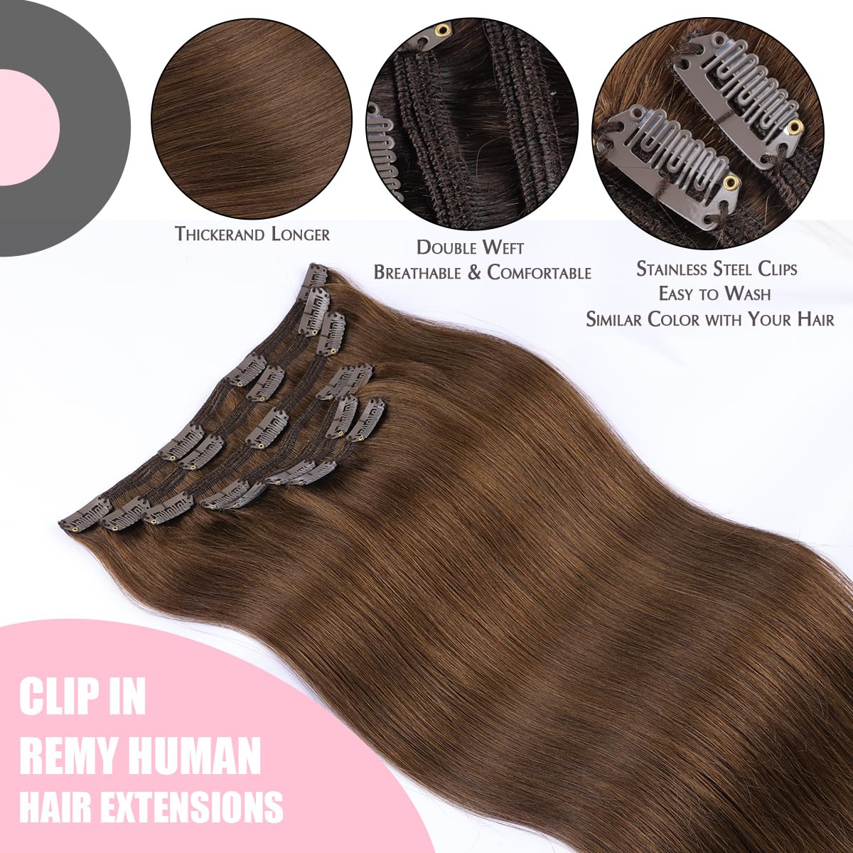 SURNEL Extensiones Clip Pelo Natural 100g 35cm 6 Piezas Castaño Chocolate Extensiones De Clip De Humano Real Extensiones Pelo Natural Remy (C#4-35cm) — view 42