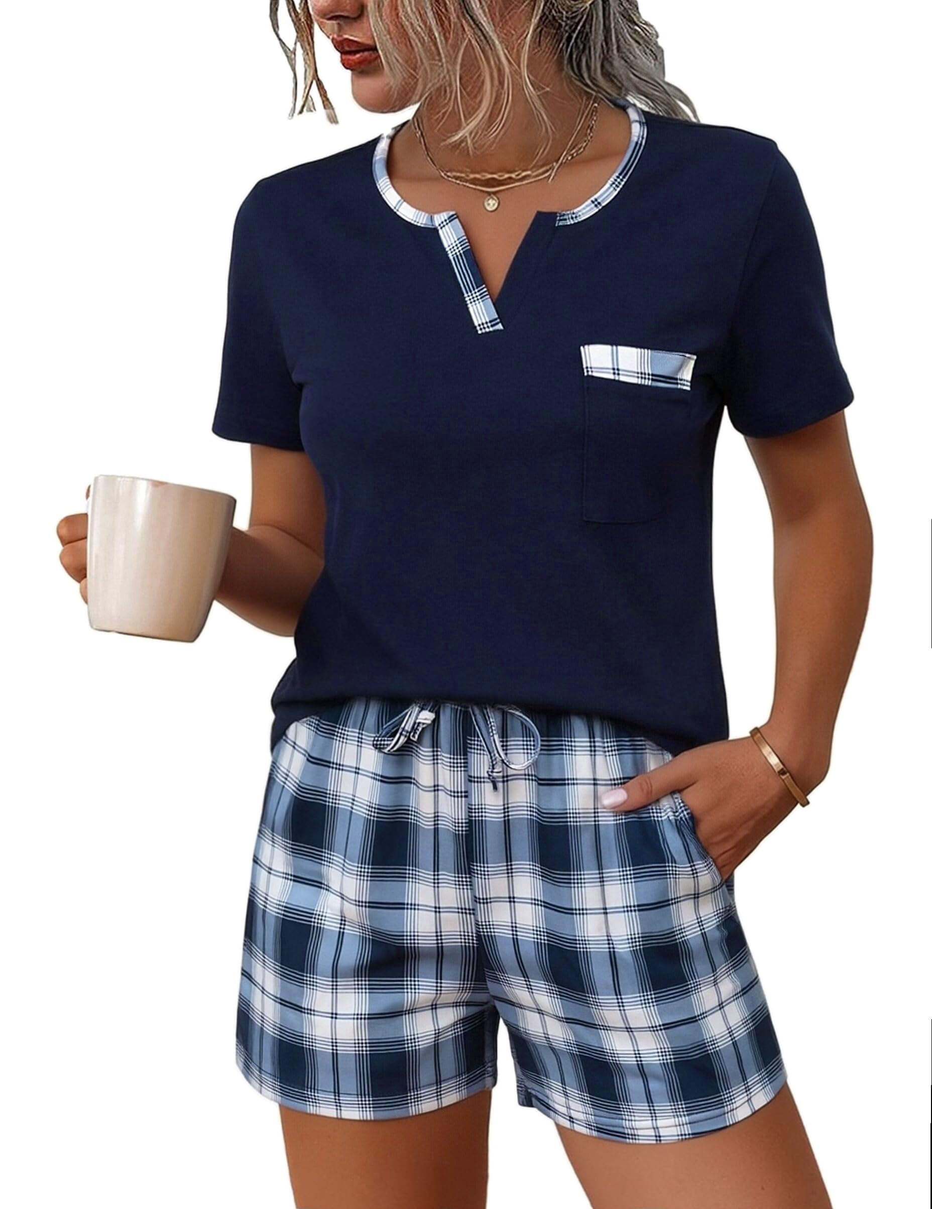 Bresdk Pyjama Court Shorty pour Femme Tenue de Nuit en Coton à Carreaux pour la Maison