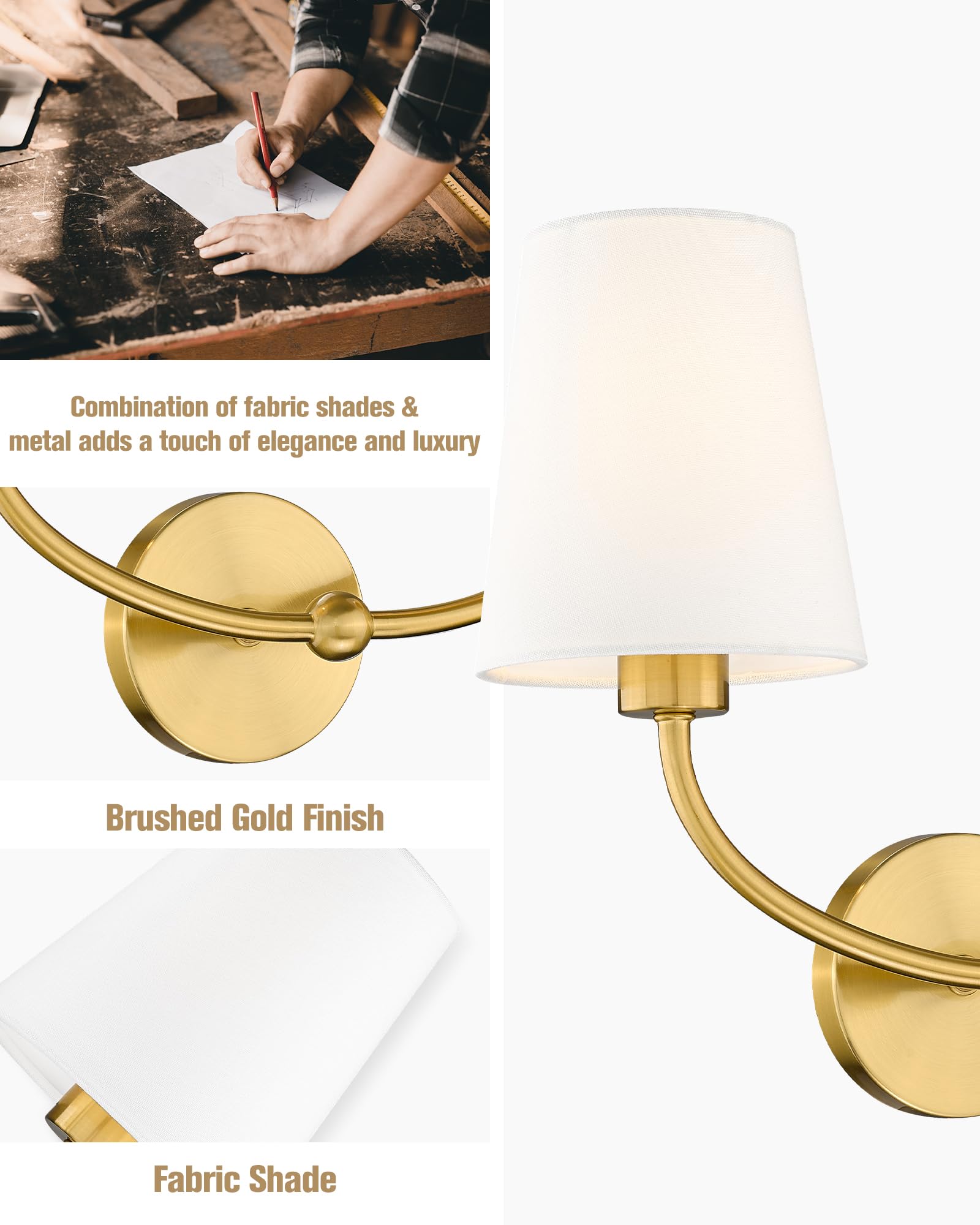 Emak Brushed Gold Bathroom Light Fixtures, Modern 2-Light Wall sconces for Bathroom, Living Room, Bathroom Vanity Light with Fabric Shade, VL116-GD-2