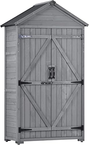 Organizador de herramientas de cobertizo de madera para exteriores de 5.8 x 3 pies con techo de asfalto impermeable, puertas con cerradura, estantes