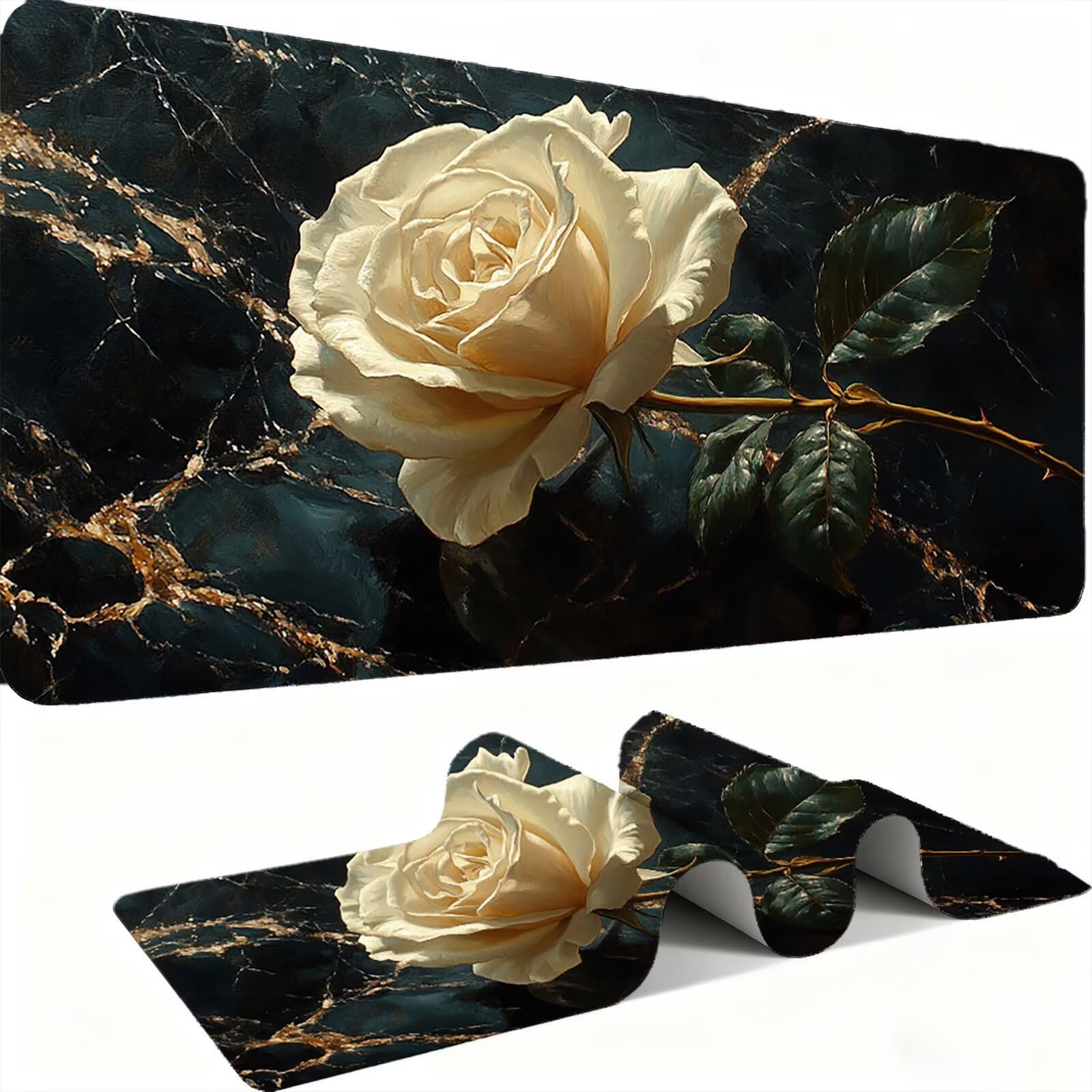 Podkładka pod mysz 1200x600mm Podkładka pod mysz dla graczy, biurkowa mysz ultra cienka antypoślizgowa gumowa podstawa zmywalna ulepszona prędkość dla PC, komputera, pracy - białe róże C0P-617