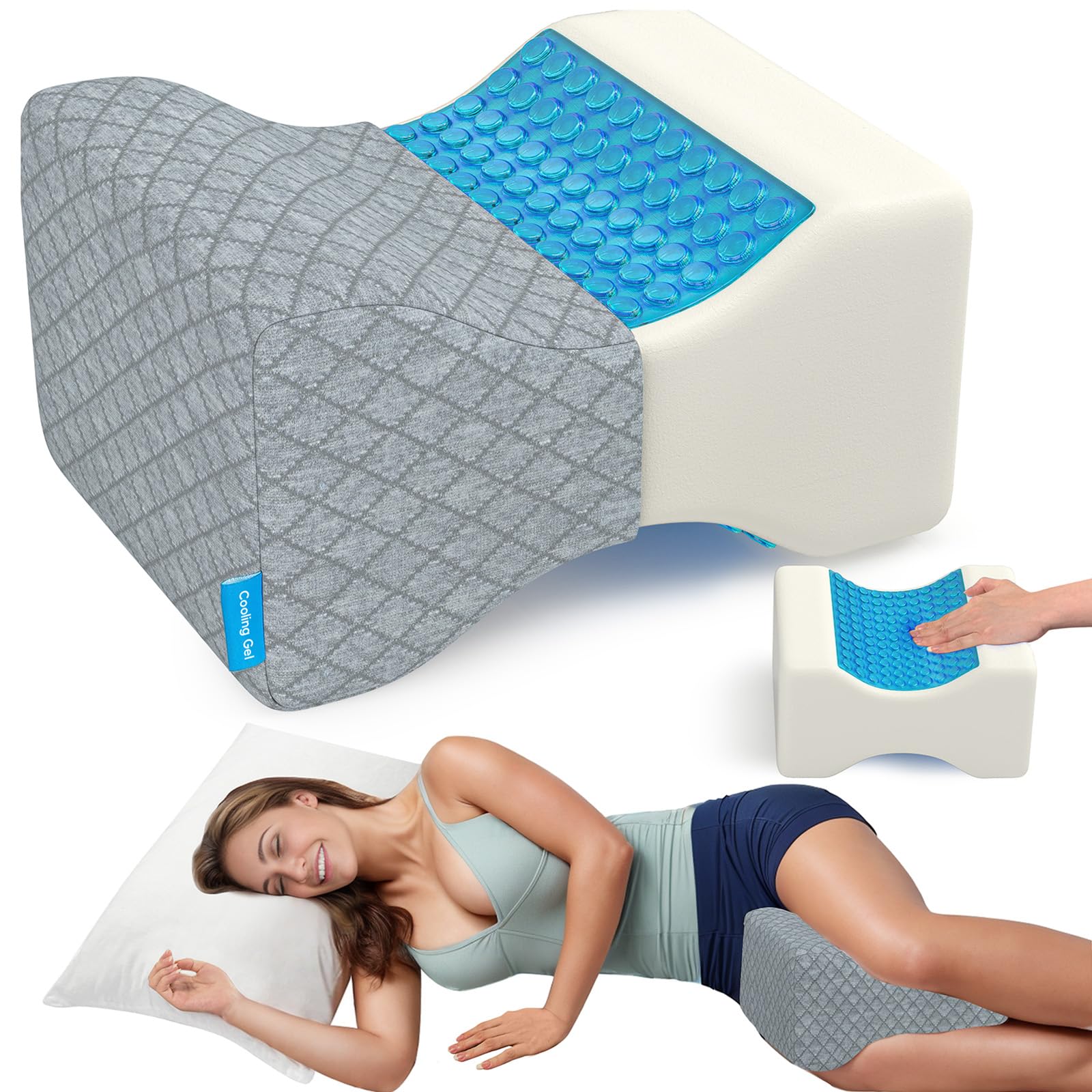 CloudBliss Cooling Gel Knee Pillow for Side Sleepers, Memory Foam, Grey